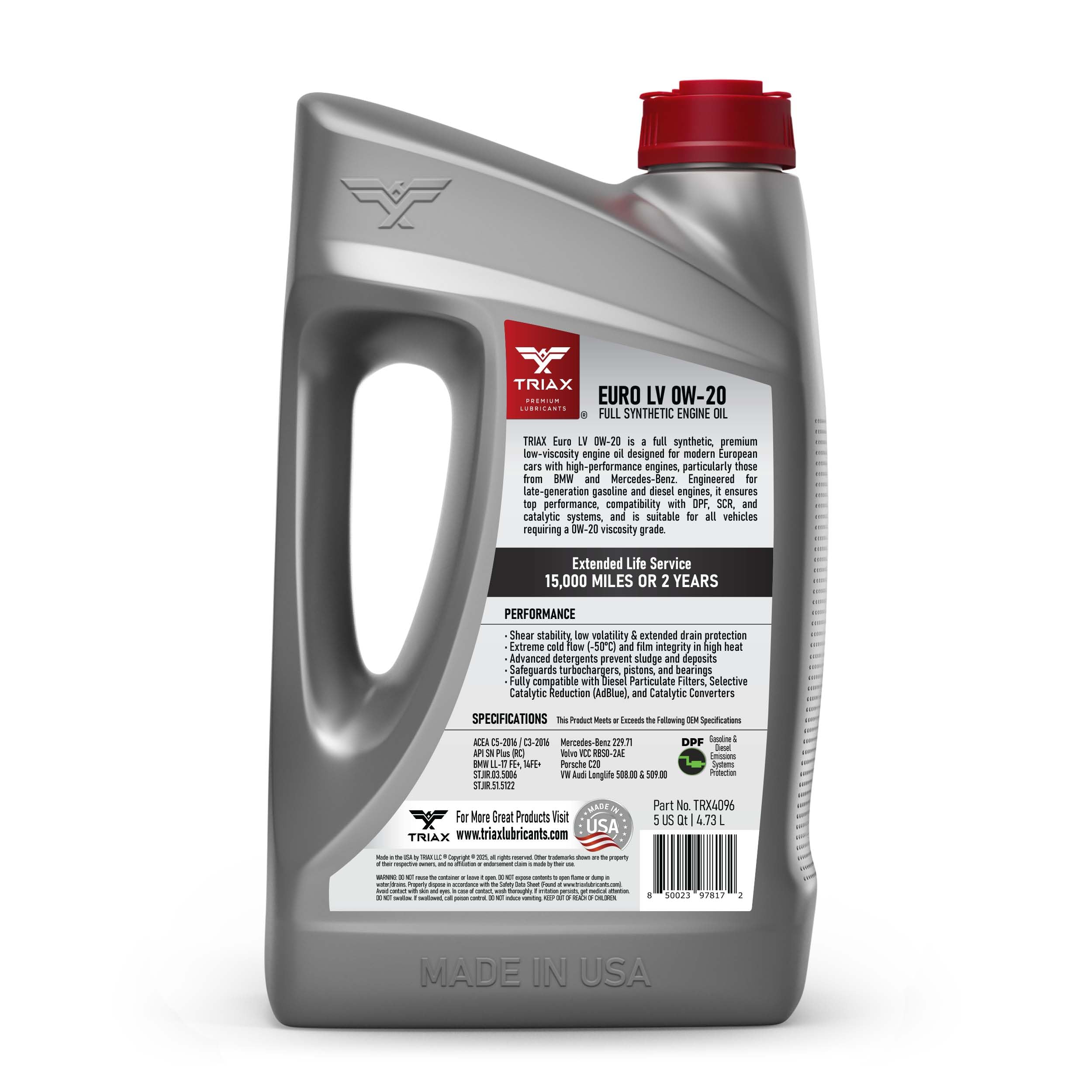 Triax bottle beside a European sedan indicating compatibility and performance