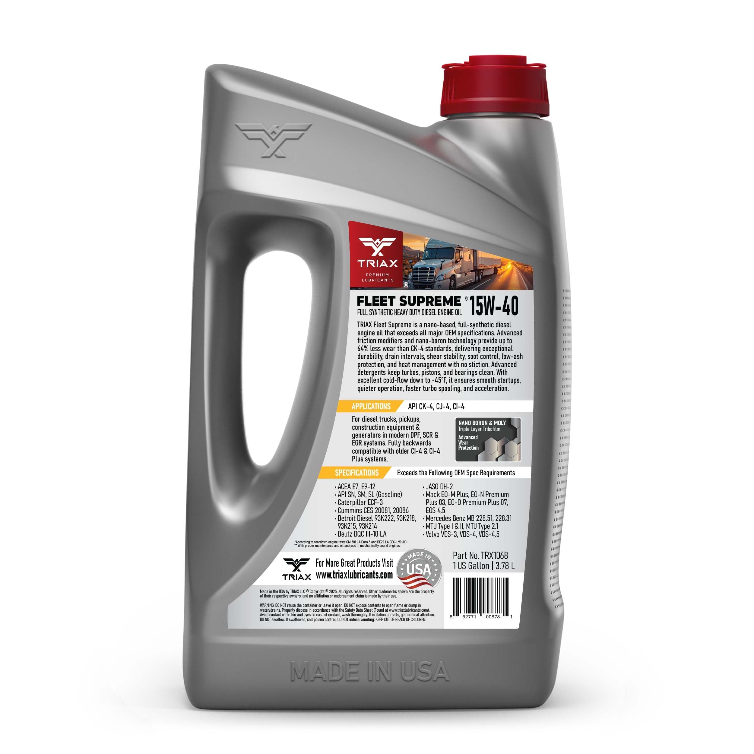 Triax close-up of label highlighting API CK-4 and friction modifiers for confidence