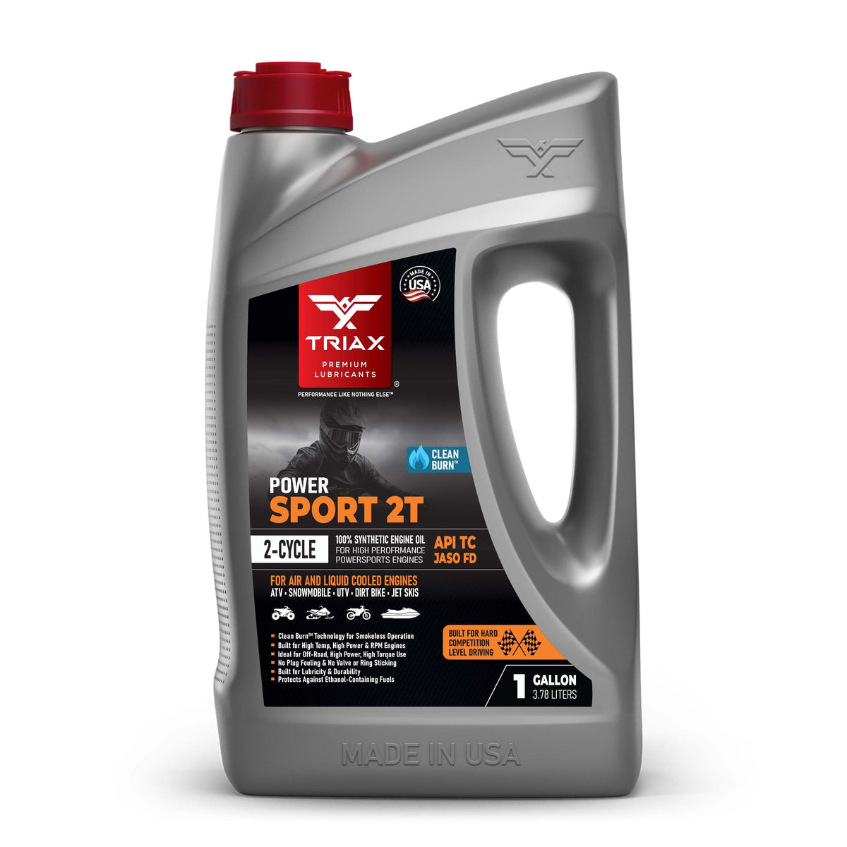 Triax Power Sport 2T front view of one-gallon container showing branding and label details for easy selection