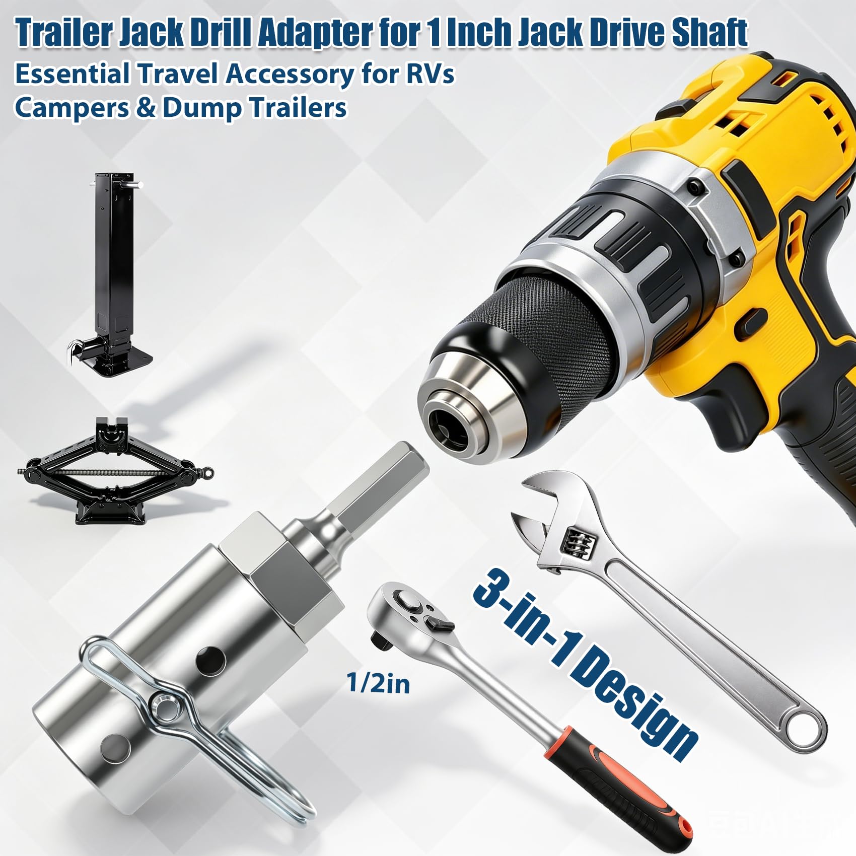 TRILVIX adapter in use with a cordless drill showing faster trailer lifting