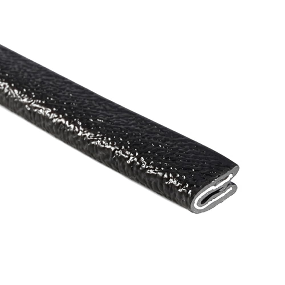 TRIM-LOK front view of black pebble edge trim showing profile and length, offers clean finished edge