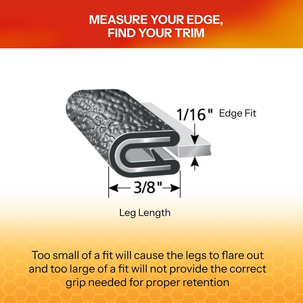 TRIM-LOK edge trim beside ruler showing 3/8 inch leg length, provides clear coverage measurement