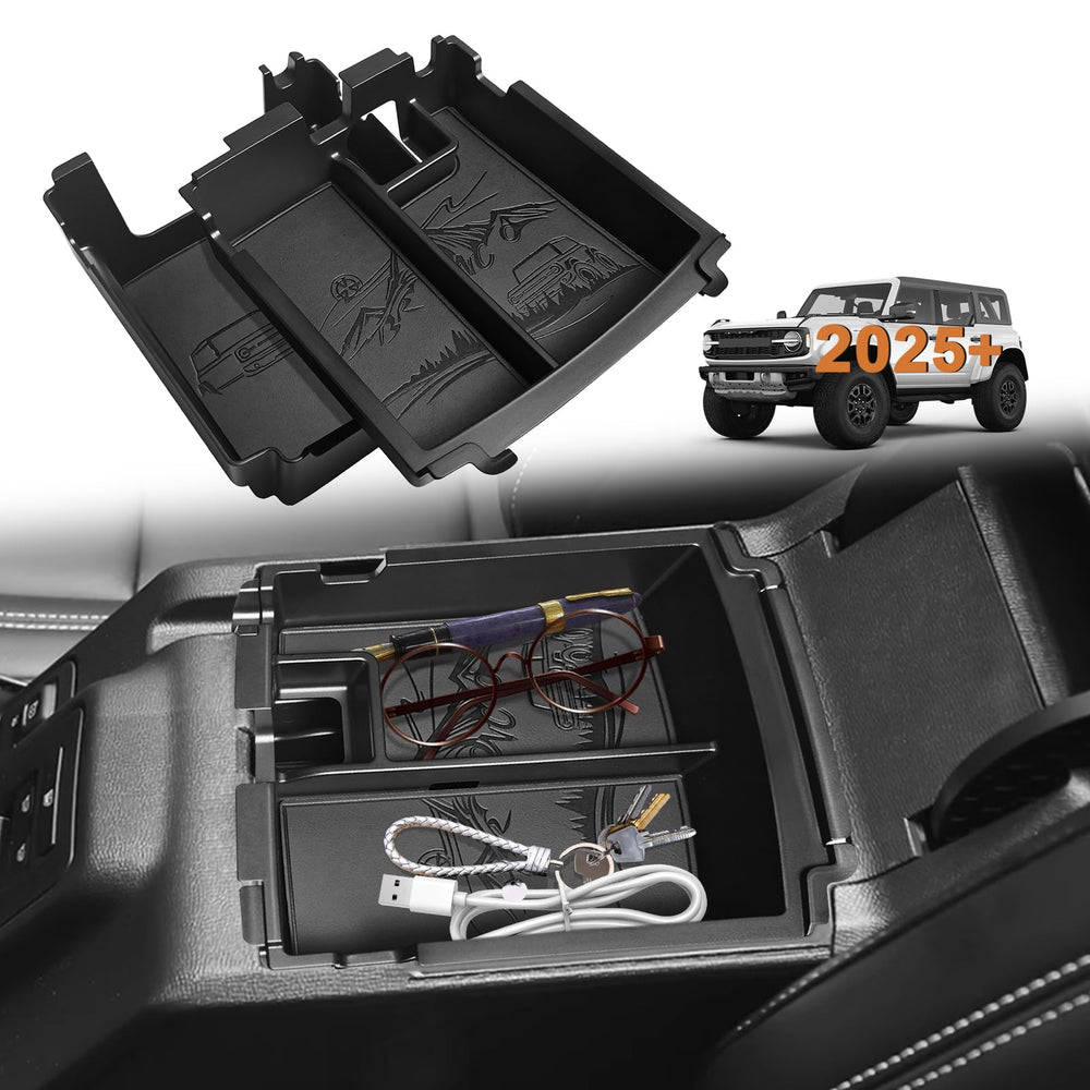 TripleAliners front overhead view showing clean organized Bronco armrest benefit: tidier storage