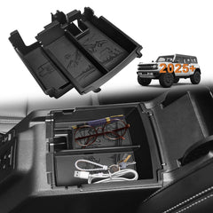 TripleAliners front overhead view showing clean organized Bronco armrest benefit: tidier storage