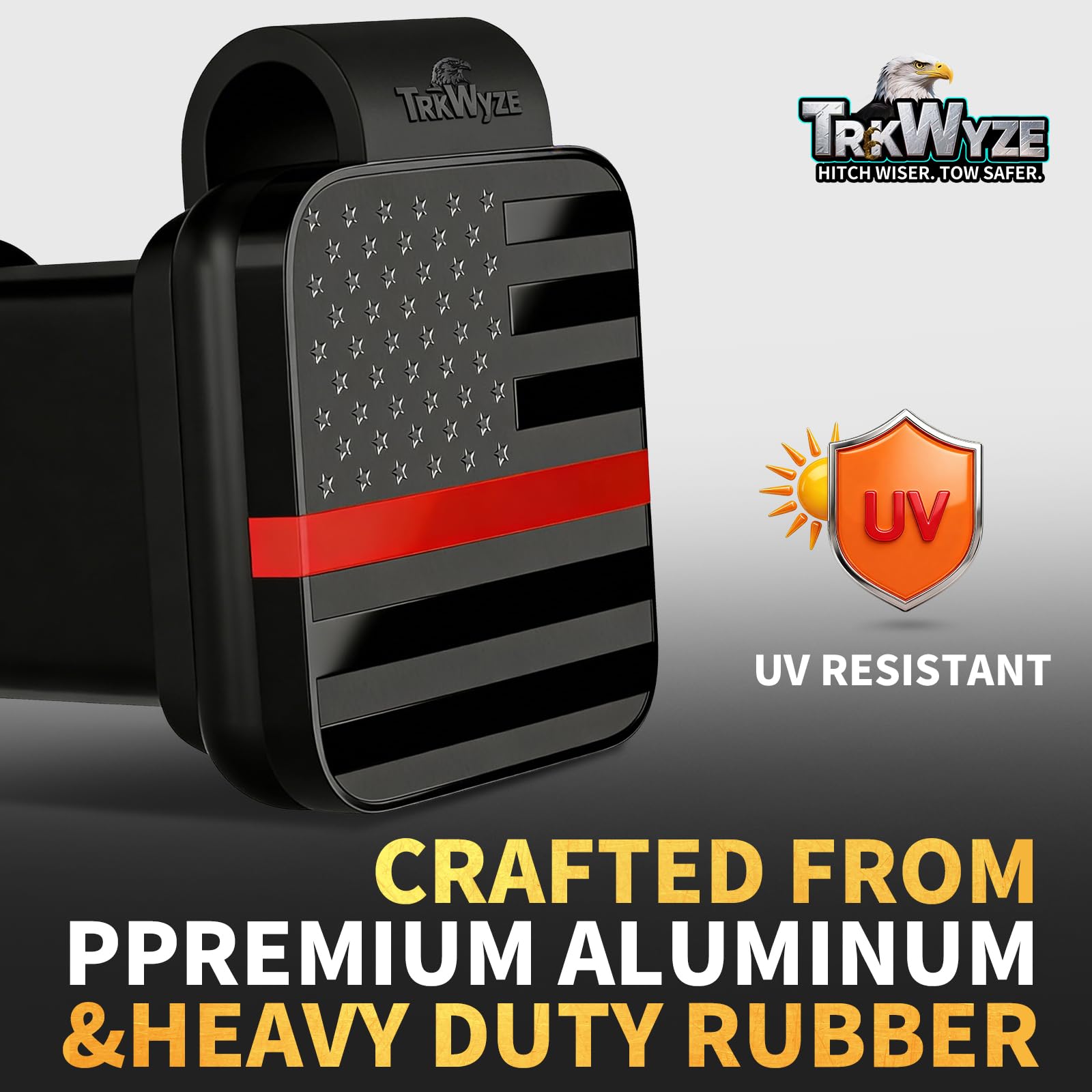 TrkWyze close-up of embossed aluminum flag plate showing peel resistance benefit