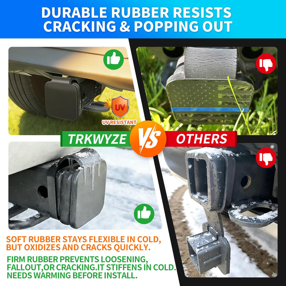 TrkWyze hitch cover installed on truck showing weatherproof, car‑wash safe benefit