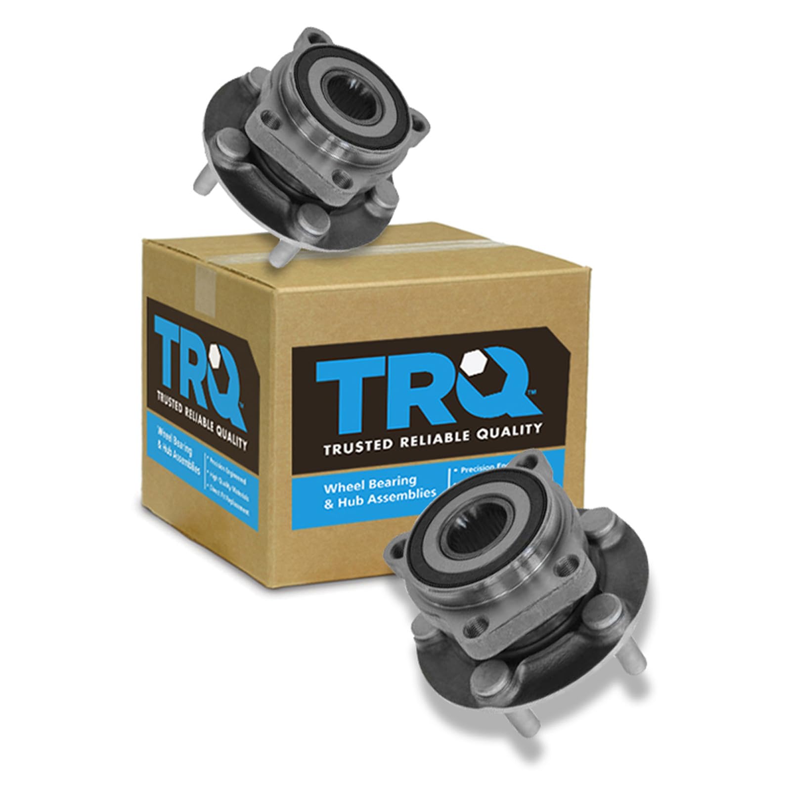 TRQ front hub assembly packaging showing included pair and benefits