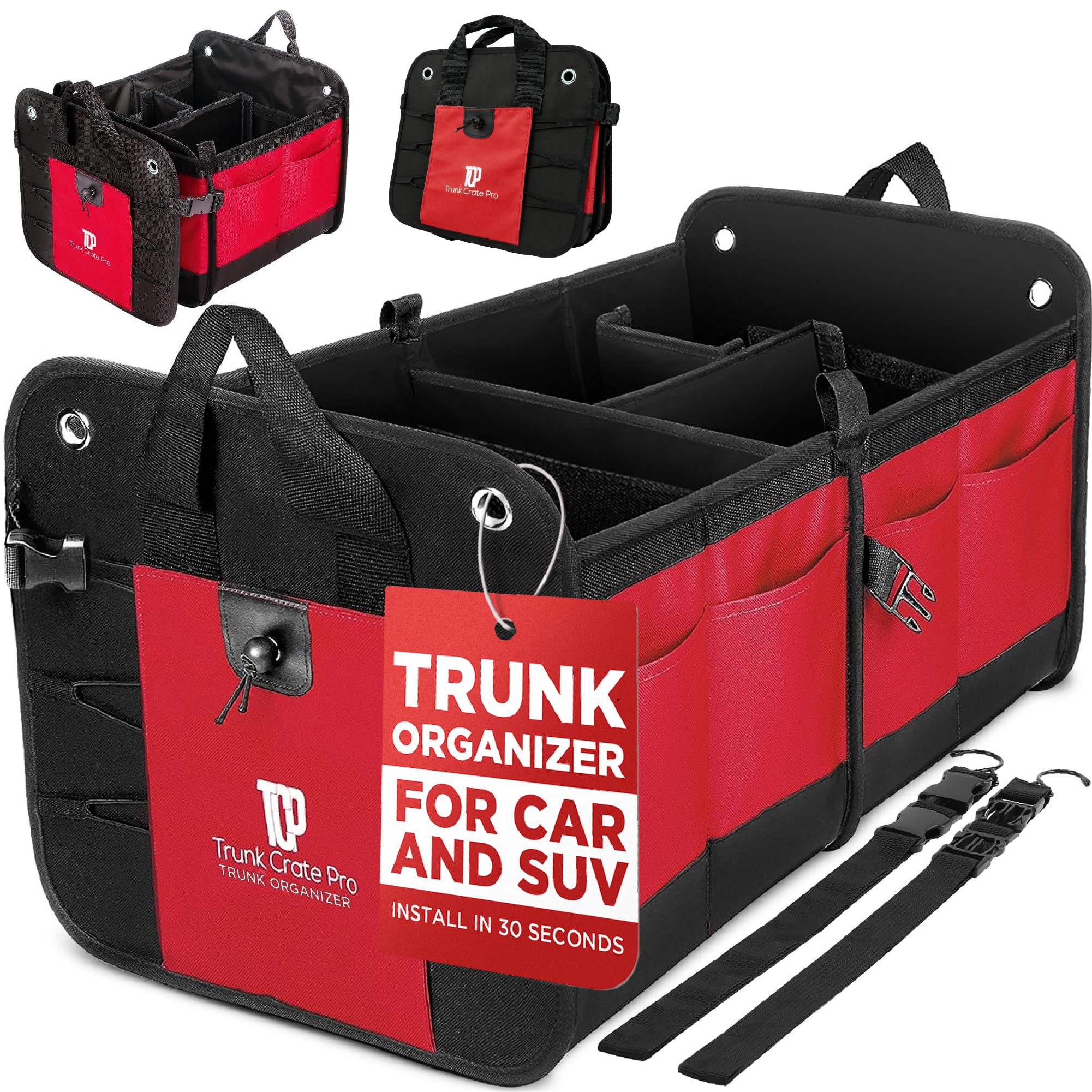 TRUNKCRATEPRO front view red organizer showing roomy compartments for neat storage