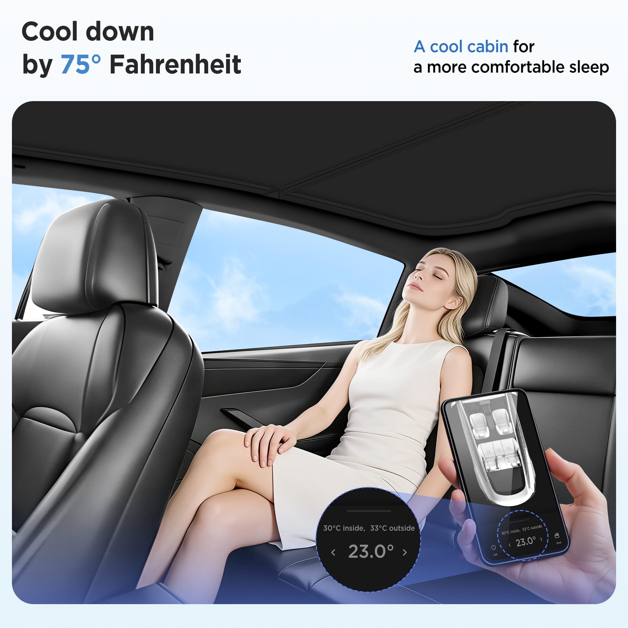 TSLDRV lifestyle shot of Model Y parked in sun showing sunshade reducing interior heat benefit