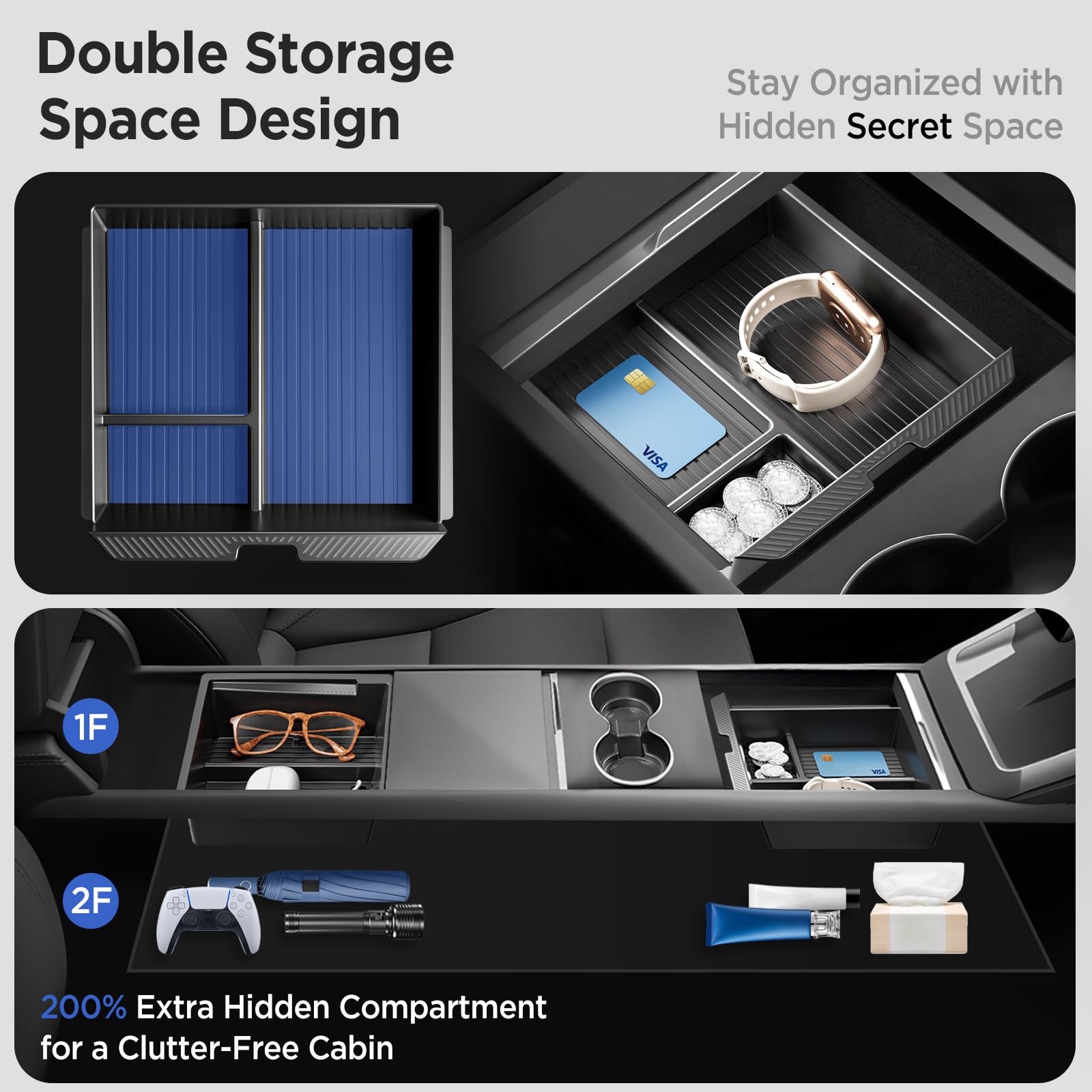 TSLDRV layered tray layout maximizing storage and reducing clutter