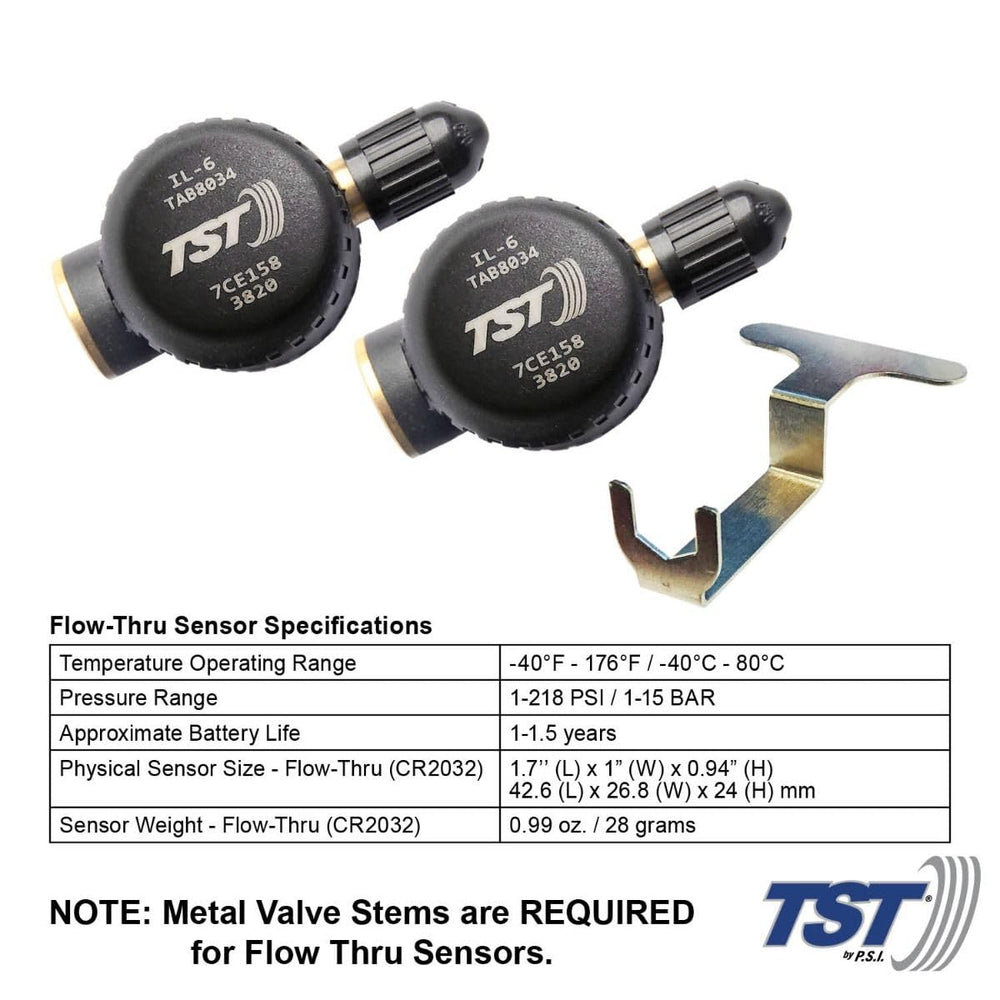 TST TRUCK SYSTEM TECHNOLOGIES sensor closeup showing threaded flow‑thru detail for metal valve stems