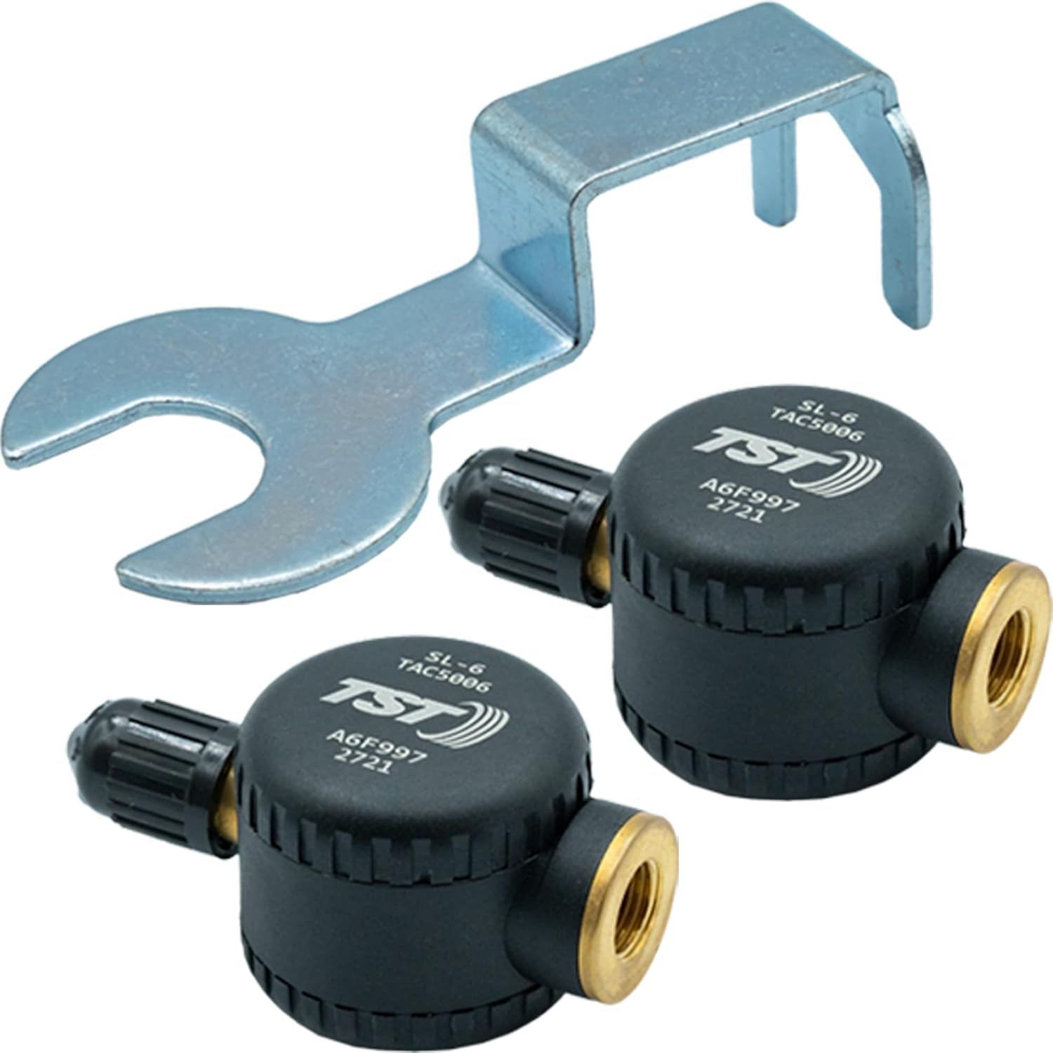 TST TRUCK SYSTEM TECHNOLOGIES front view of two flow‑thru sensors showing compact profile and durability