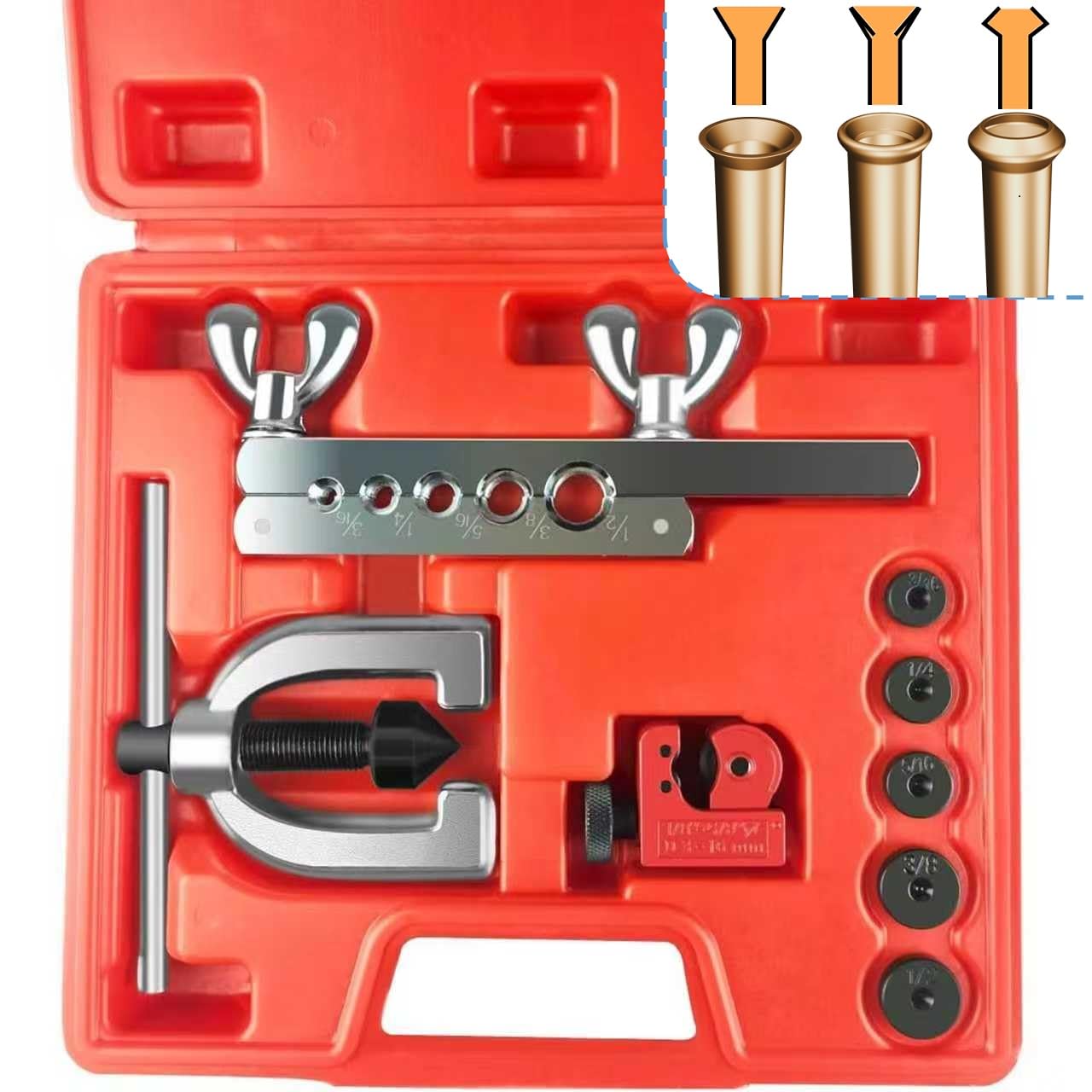 TUBPRO front view of complete flaring tool kit showing components and benefits