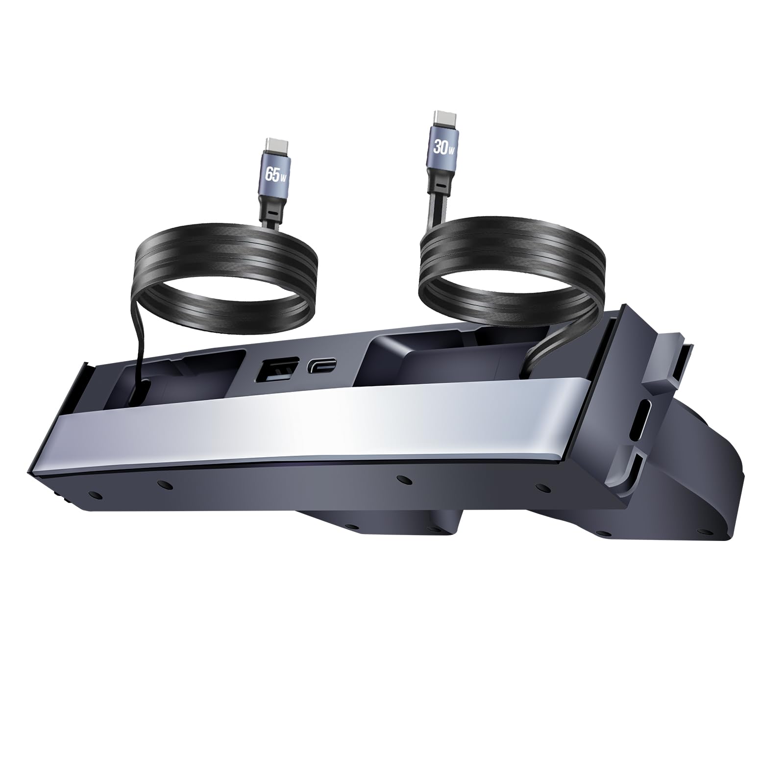 TUDEAO center console front view showing flush 4-port hub and neat installation benefits