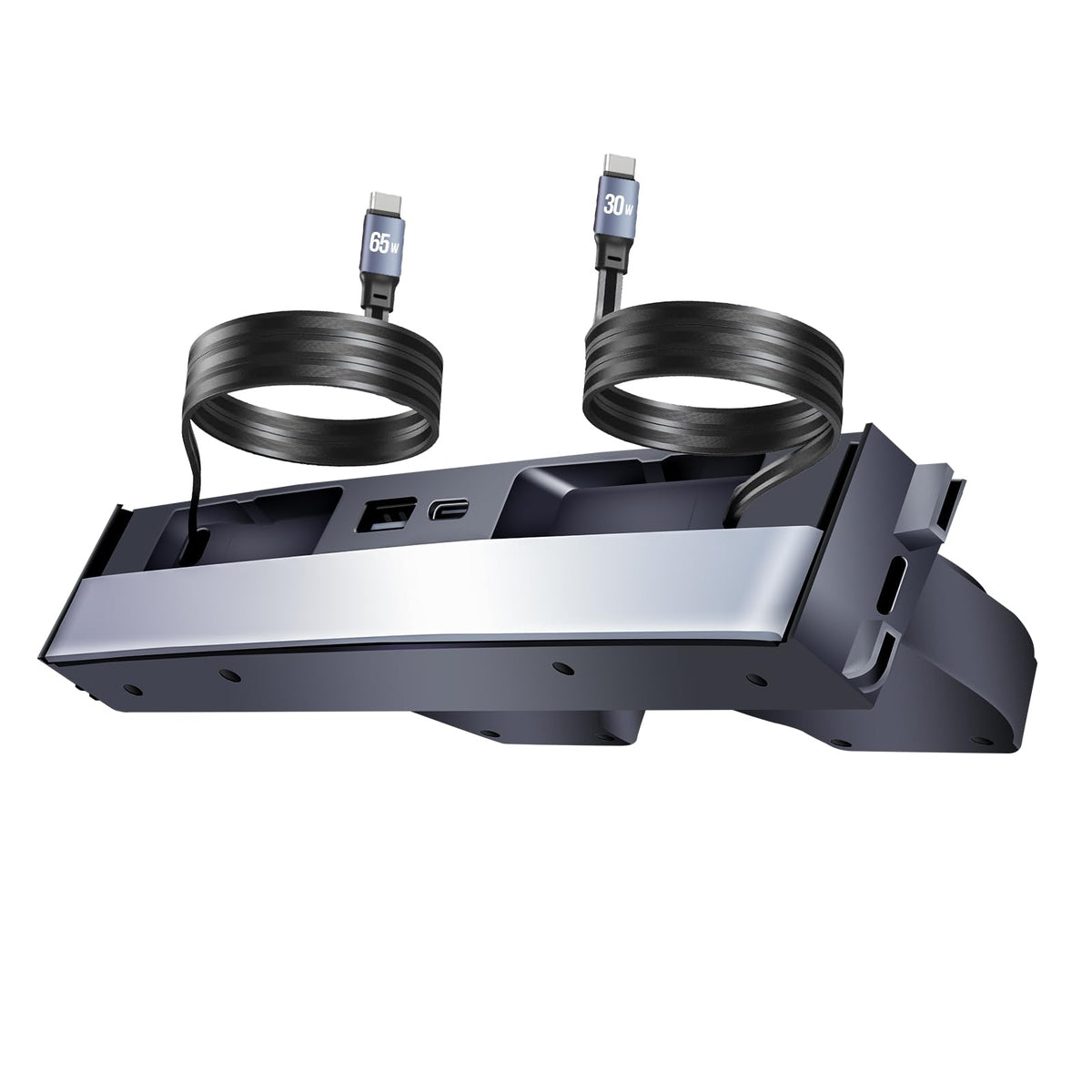 TUDEAO center console front view showing flush 4-port hub and neat installation benefits