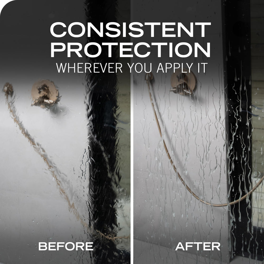 Turtle Wax Pure Bead on shower glass showing clearer, easier-to-clean surfaces benefit