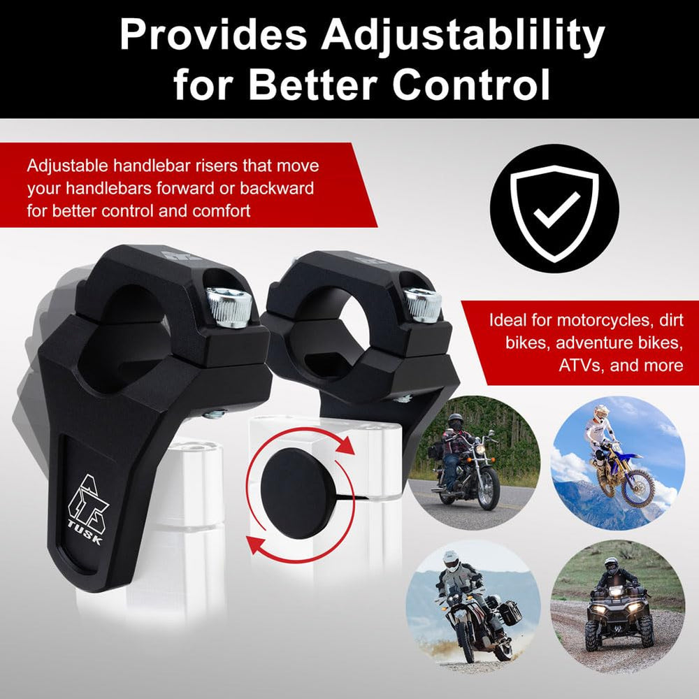 TUSK risers installed on dirt bike cockpit improving rider reach