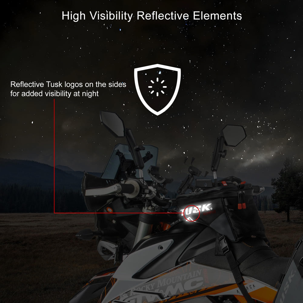 TUSK mounted on adventure bike demonstrating universal strap mounting