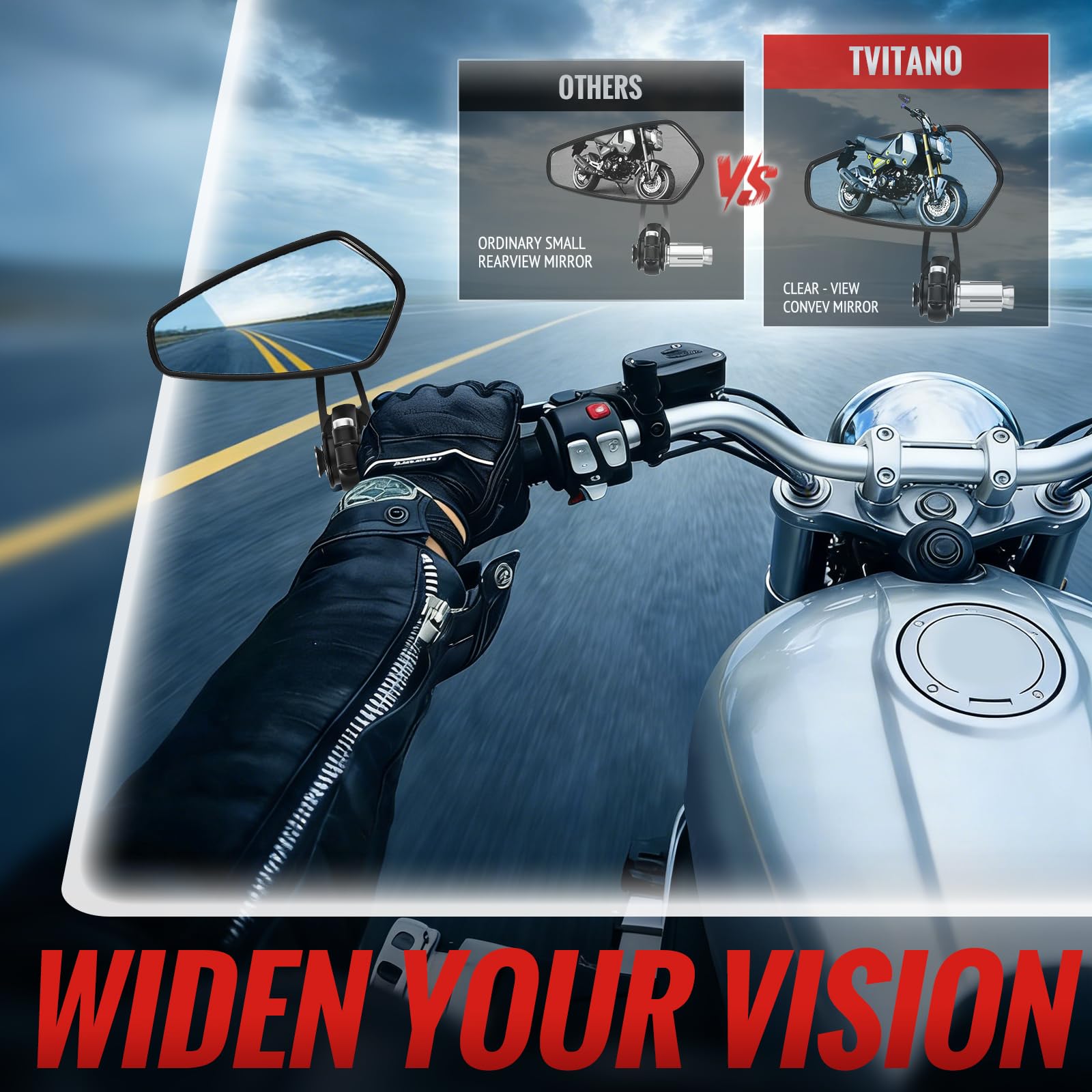 Tvitano mirror angled to demonstrate 360-degree ball joint adjustability benefit