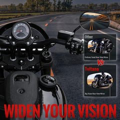 Tvitano mirror mounted on Harley in use demonstrating wider sightlines