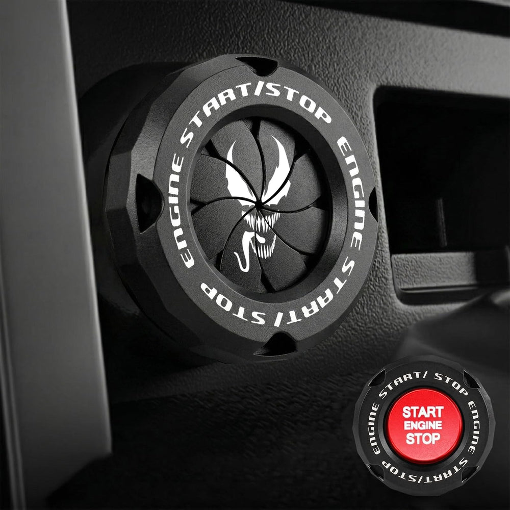 Tybasthe front view of black venom start button cover showing sleek finish and protection