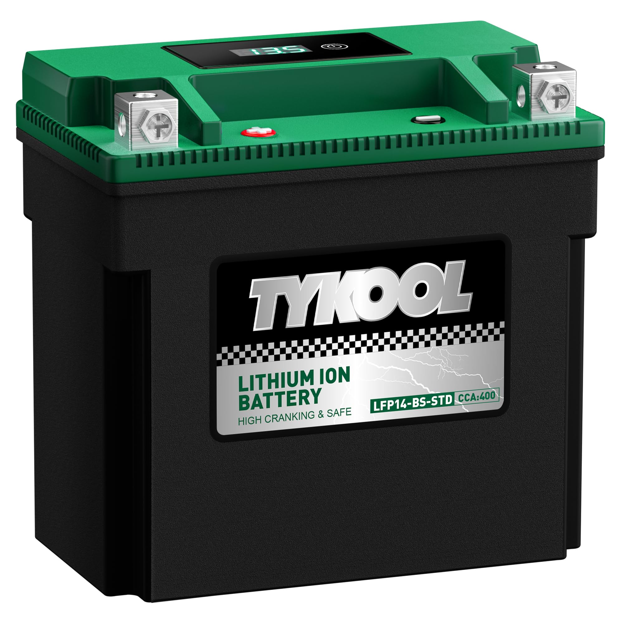 TYKOOL close-up of integrated LCD giving instant voltage readout for riders