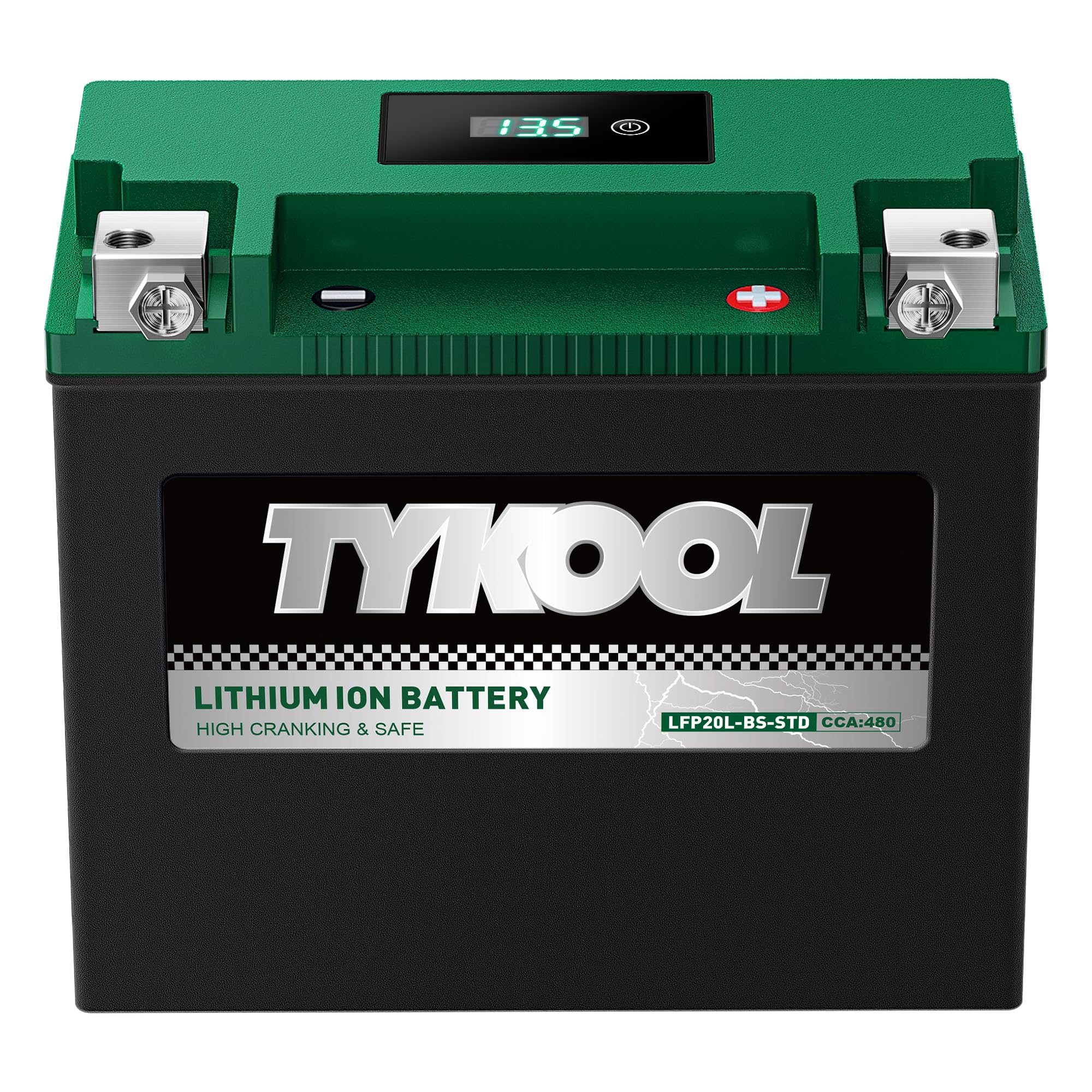 TYKOOL front view showing compact LiFePO4 profile and space-saving benefit