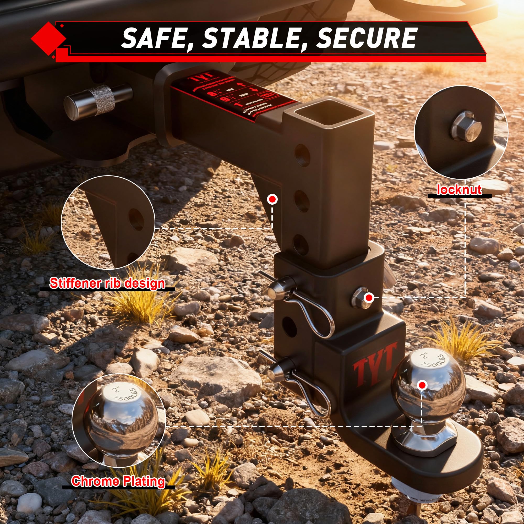 TYT hitch ball and attachment detail showing secure threaded connection for safety