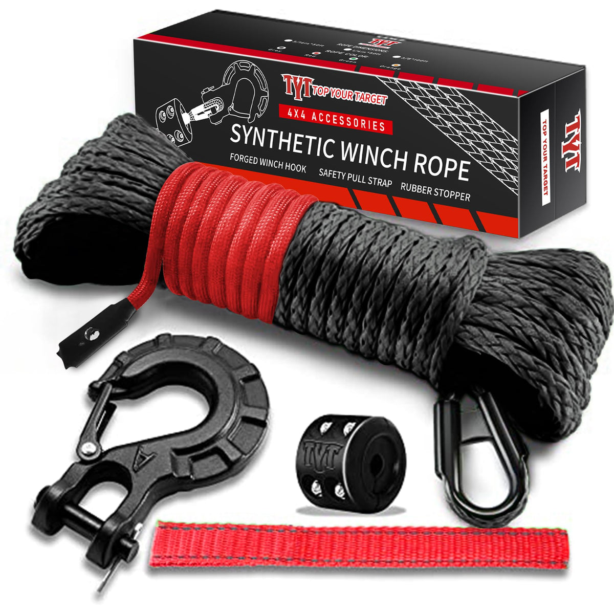 TYT front packaging showing full winch rope kit and included accessories for quick setup