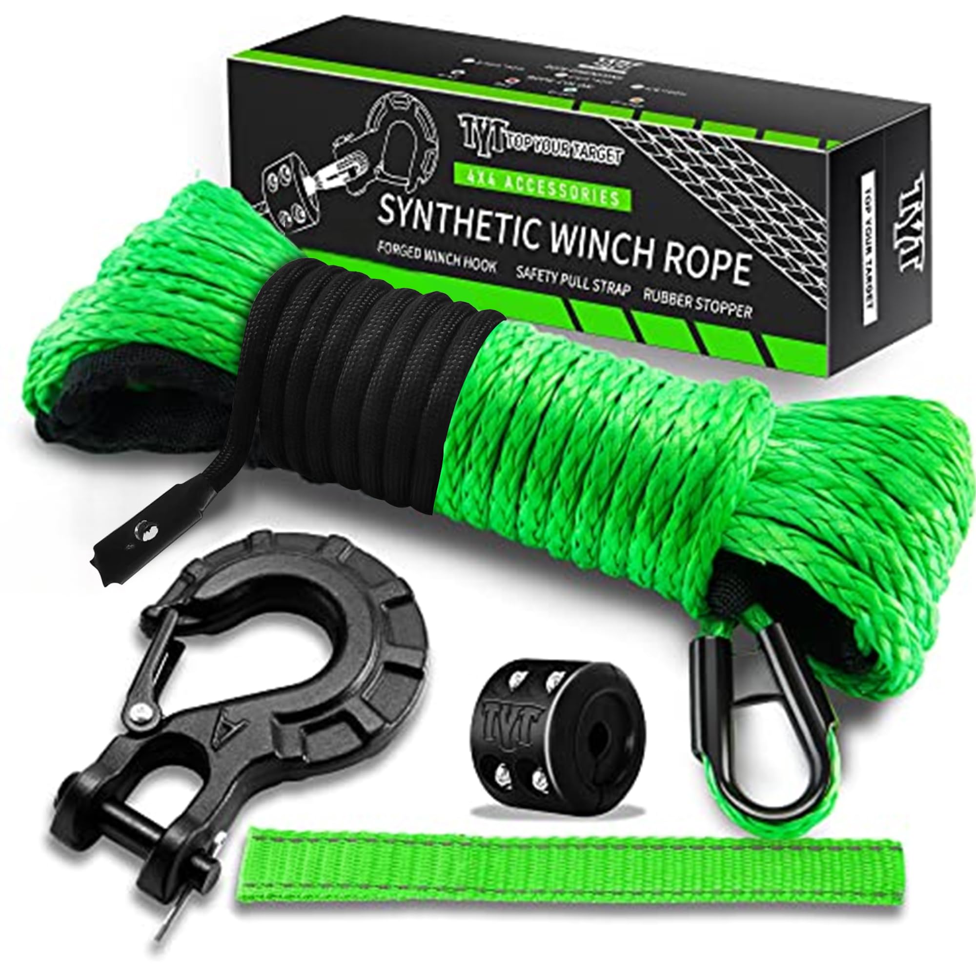 TYT front view of packaged winch rope kit showing complete contents and benefits