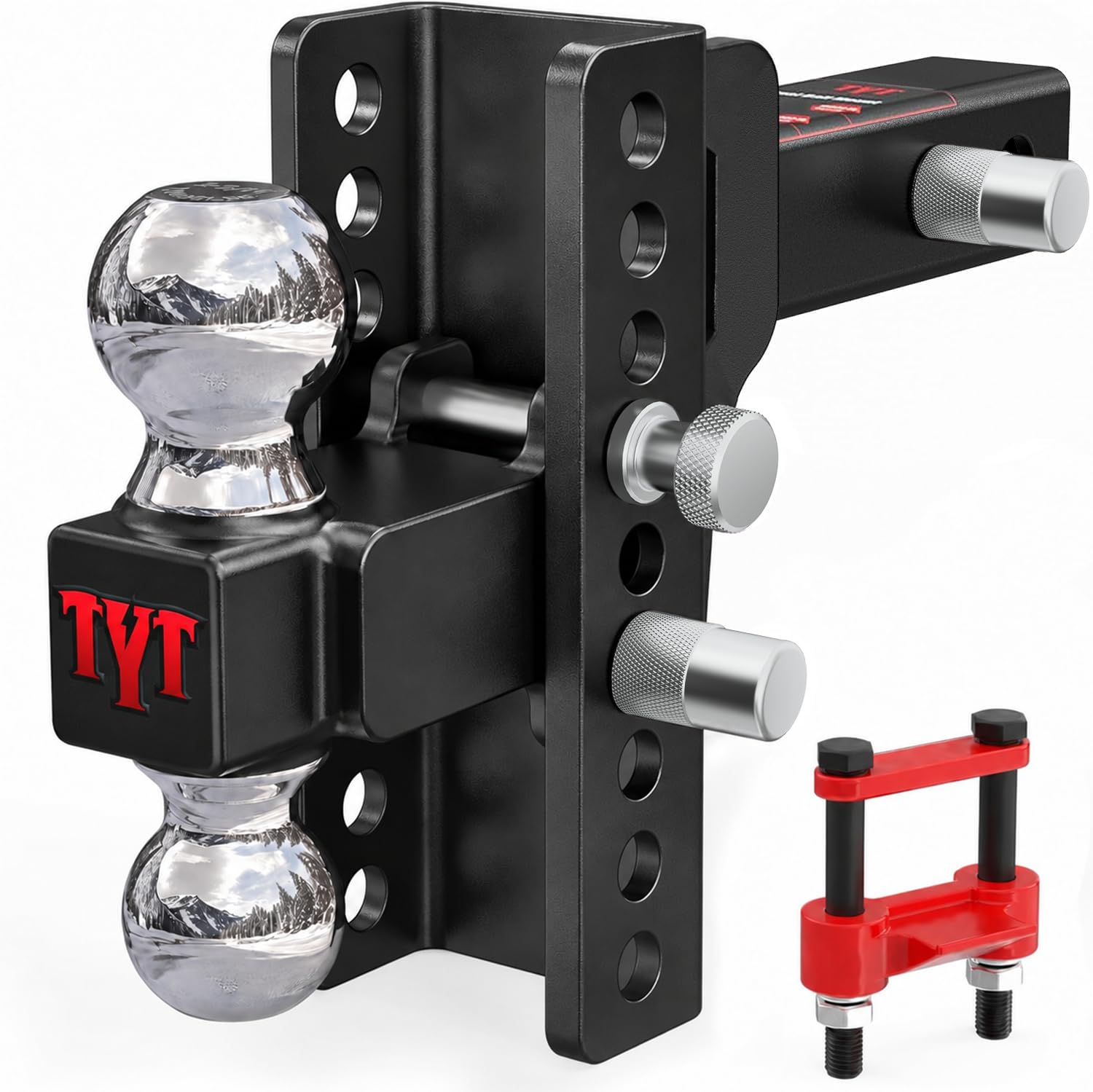 TYT front view of ball mount showing dual balls and sturdy construction, reliable towing