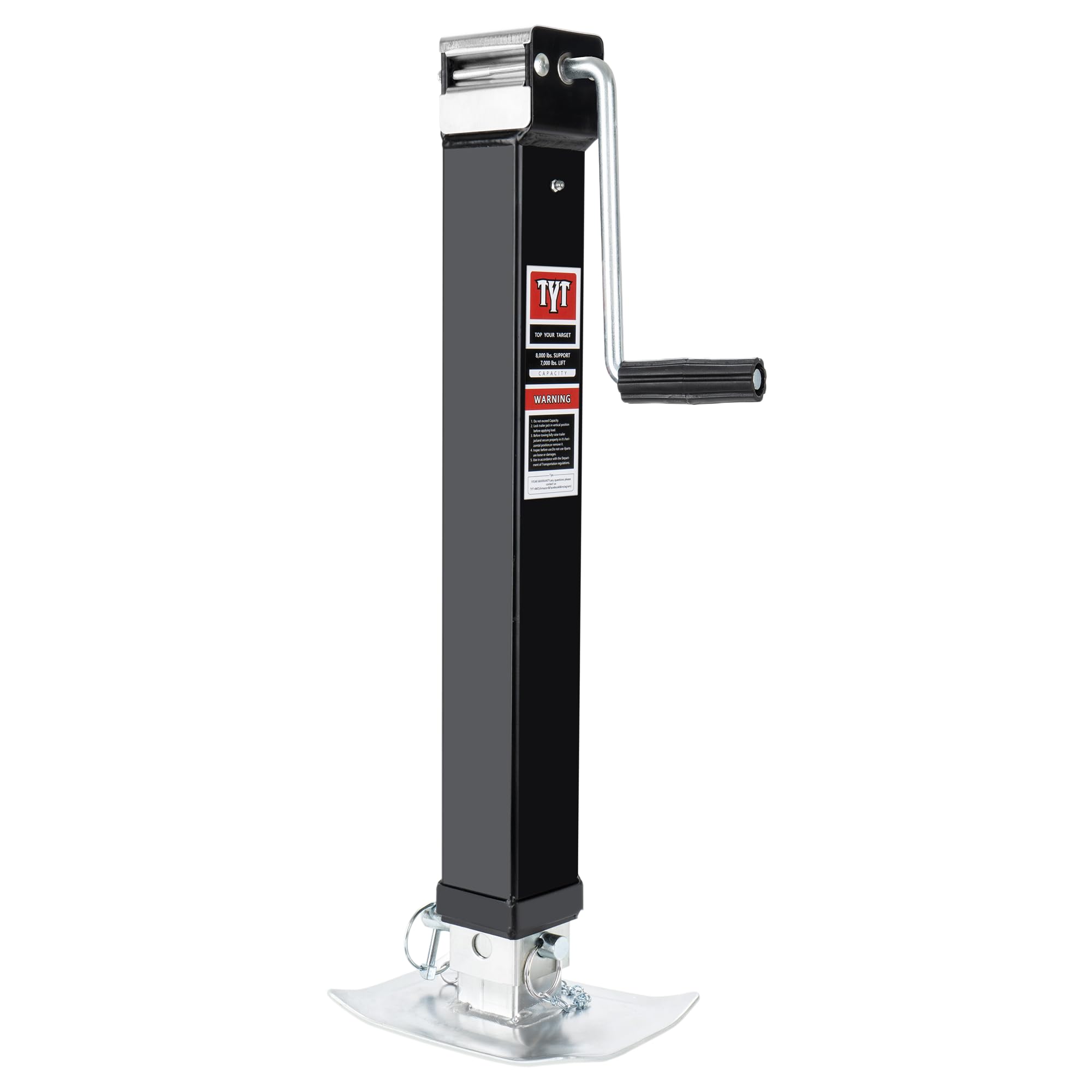 TYT front view of weld-on jack showing solid mount and stable lift