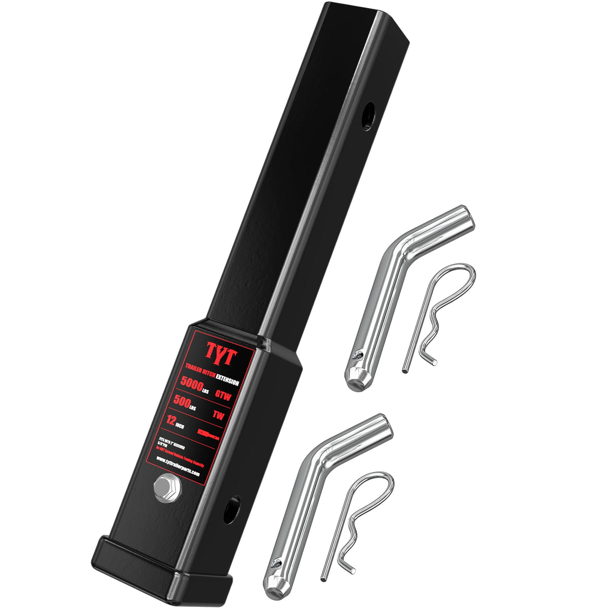 TYT front view of 12-inch hitch extender showing solid construction and fit