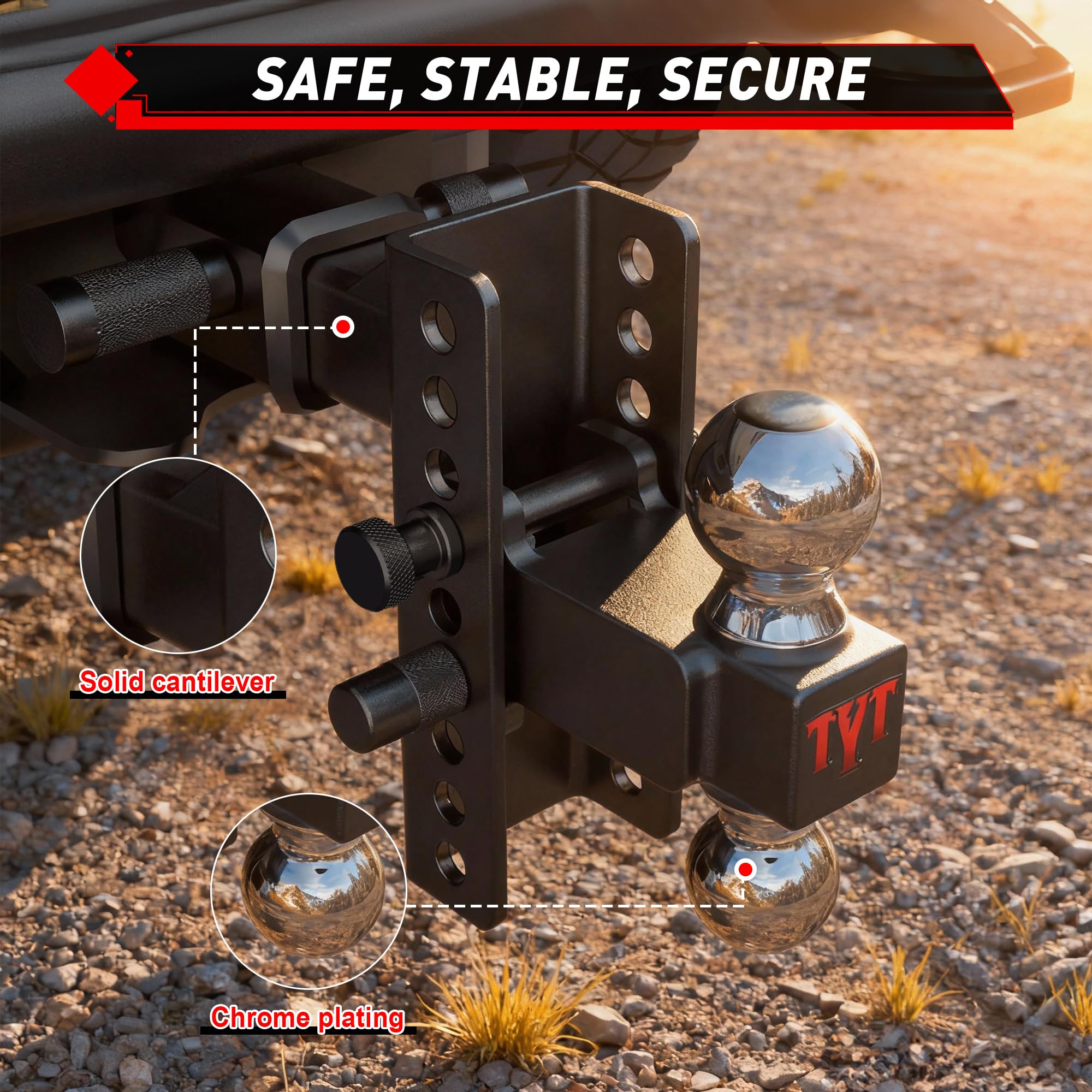 TYT dual locking hitch pins installed, secure connection and reduced movement