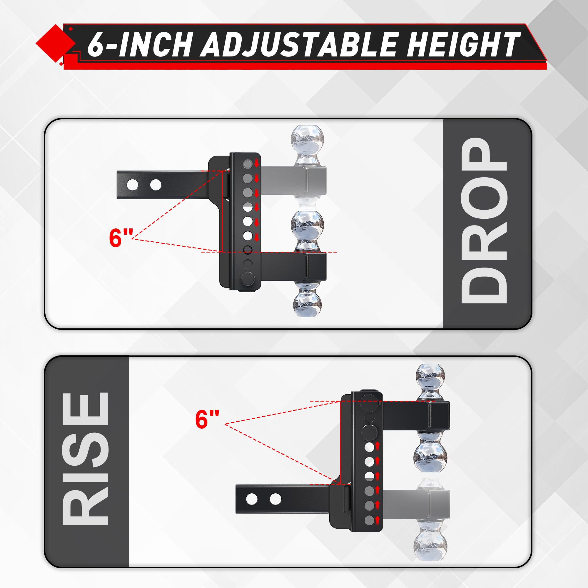 TYT side profile showing 6 inch drop and rise range, versatile height adjustment