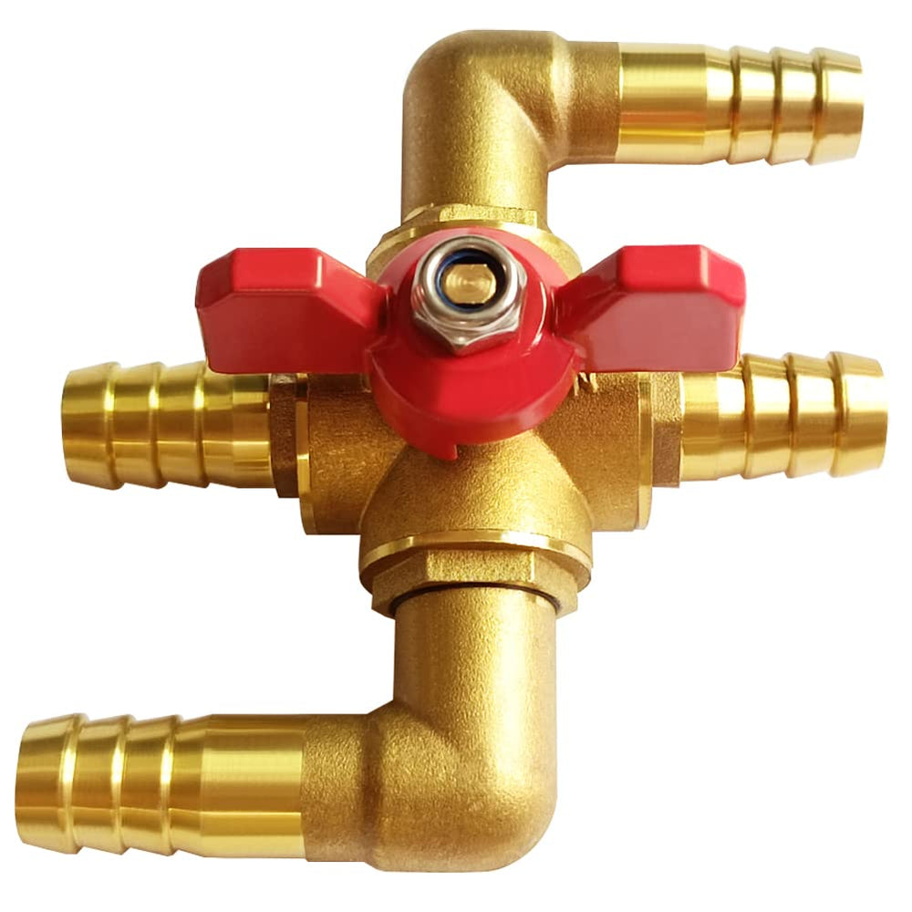 Uenede solid brass heater control valve front view showing 4-way barbs and robust body benefit durability