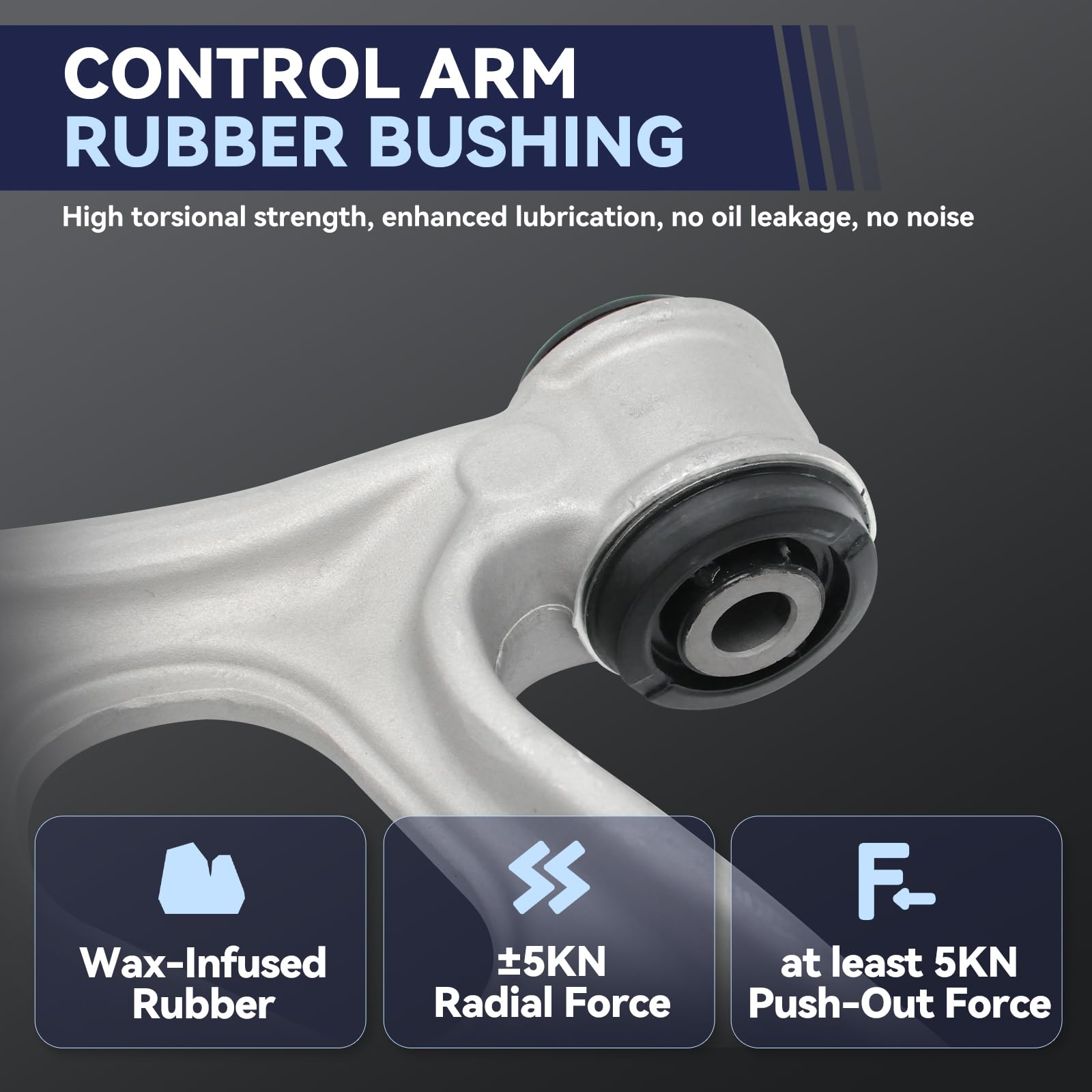 UGFC passenger side lower control arm close-up highlighting mounting points and durability