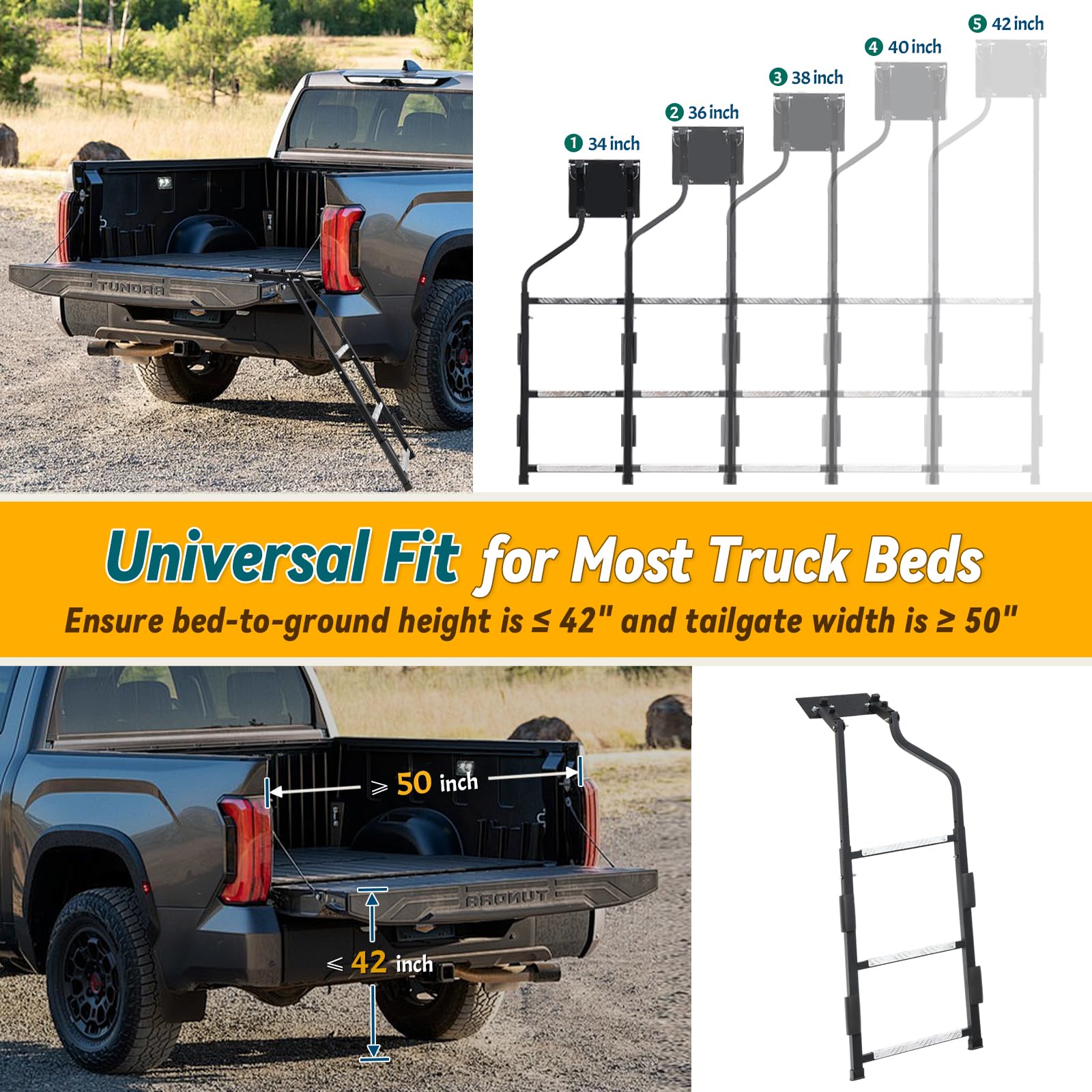 UIABOPZ side profile of ladder mounted on tailgate demonstrating stable fit