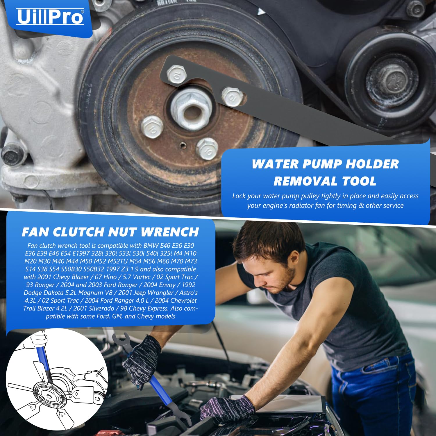 UillPro tools in engine bay demonstrating safe fan clutch removal