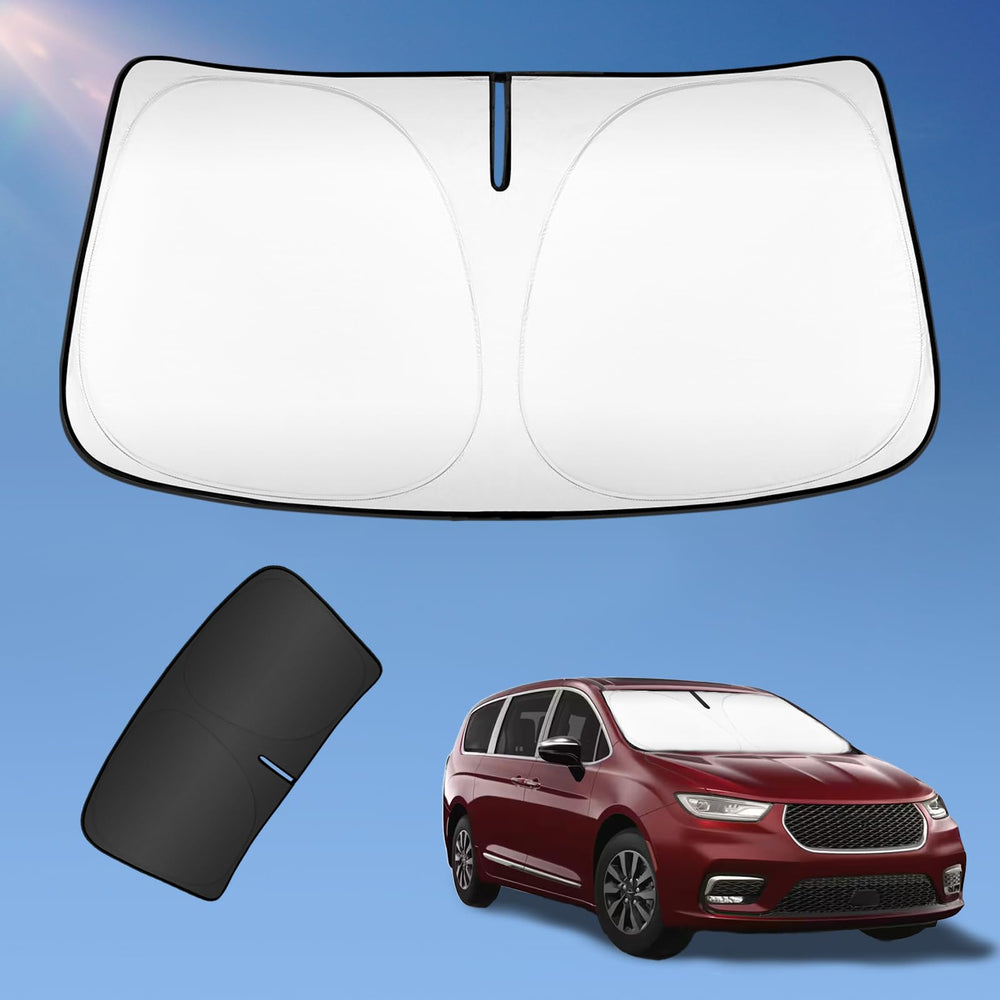 UKTOP front view of shade covering Chrysler Pacifica windshield, protects interior