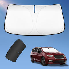 UKTOP front view of shade covering Chrysler Pacifica windshield, protects interior