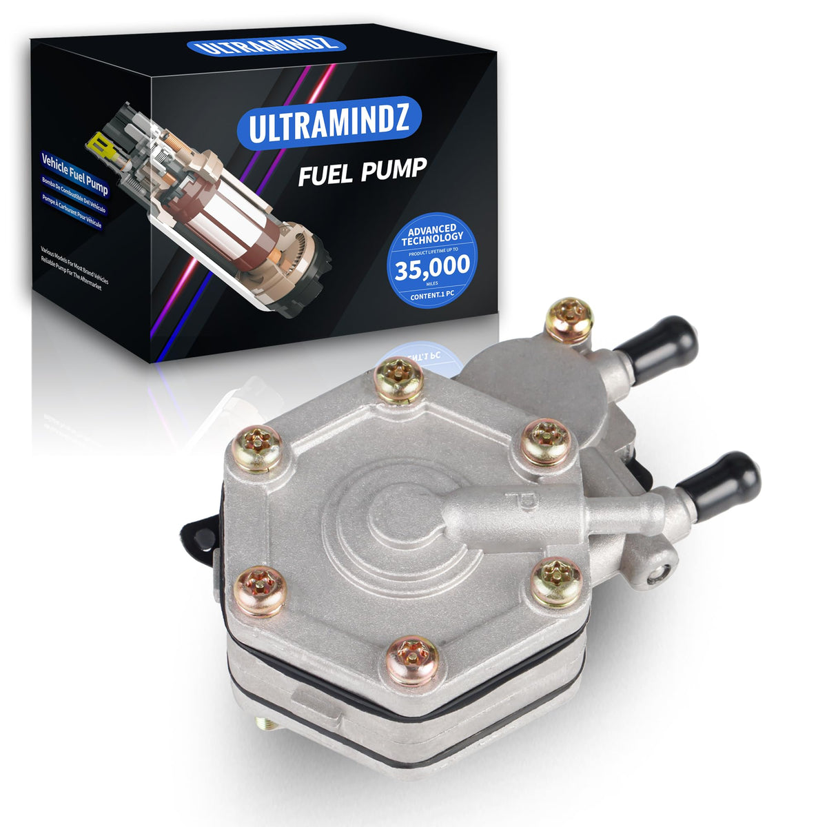 ultramindz fuel pump front view showing inlet outlet and mounting points for easy swap