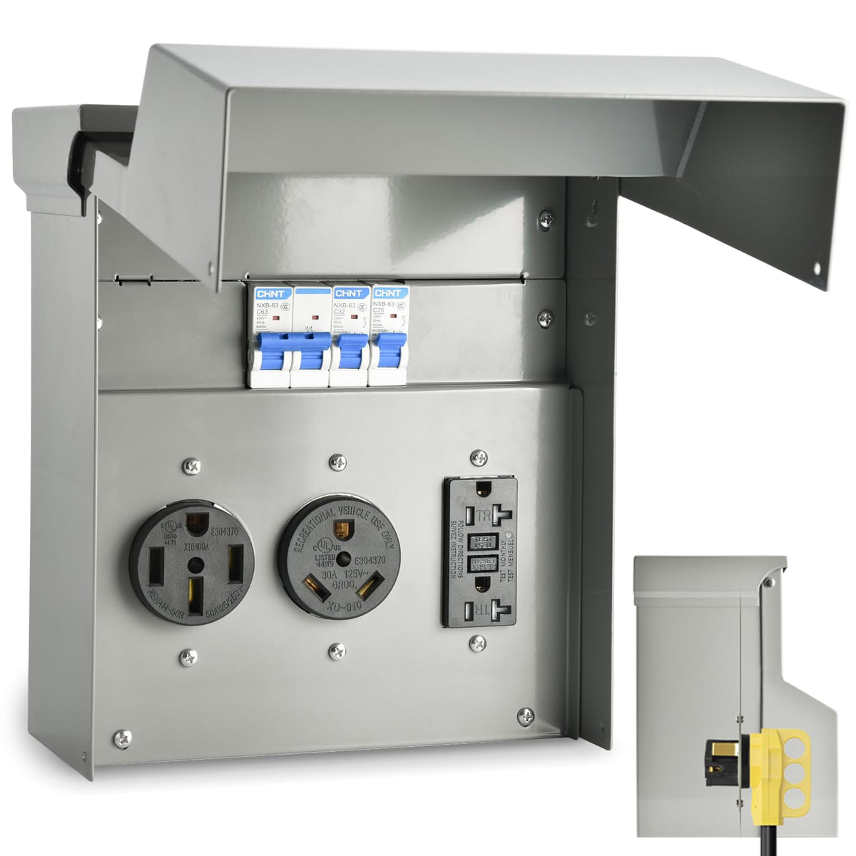 Umaogus front panel showing all three receptacles and breakers for easy hookup benefit