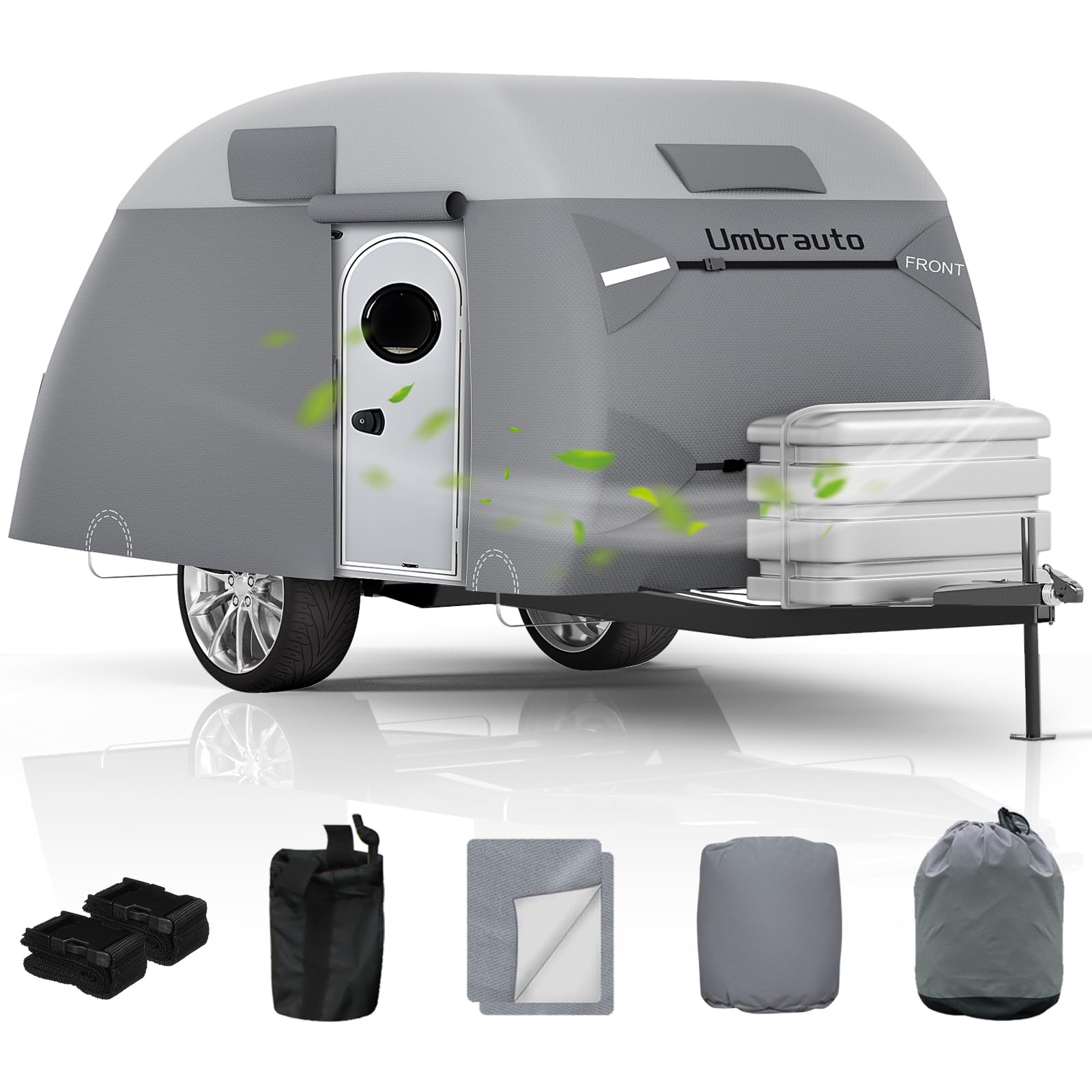 Umbrauto front view of cover fitted on teardrop trailer protecting finish