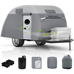Umbrauto front view of cover fitted on teardrop trailer protecting finish