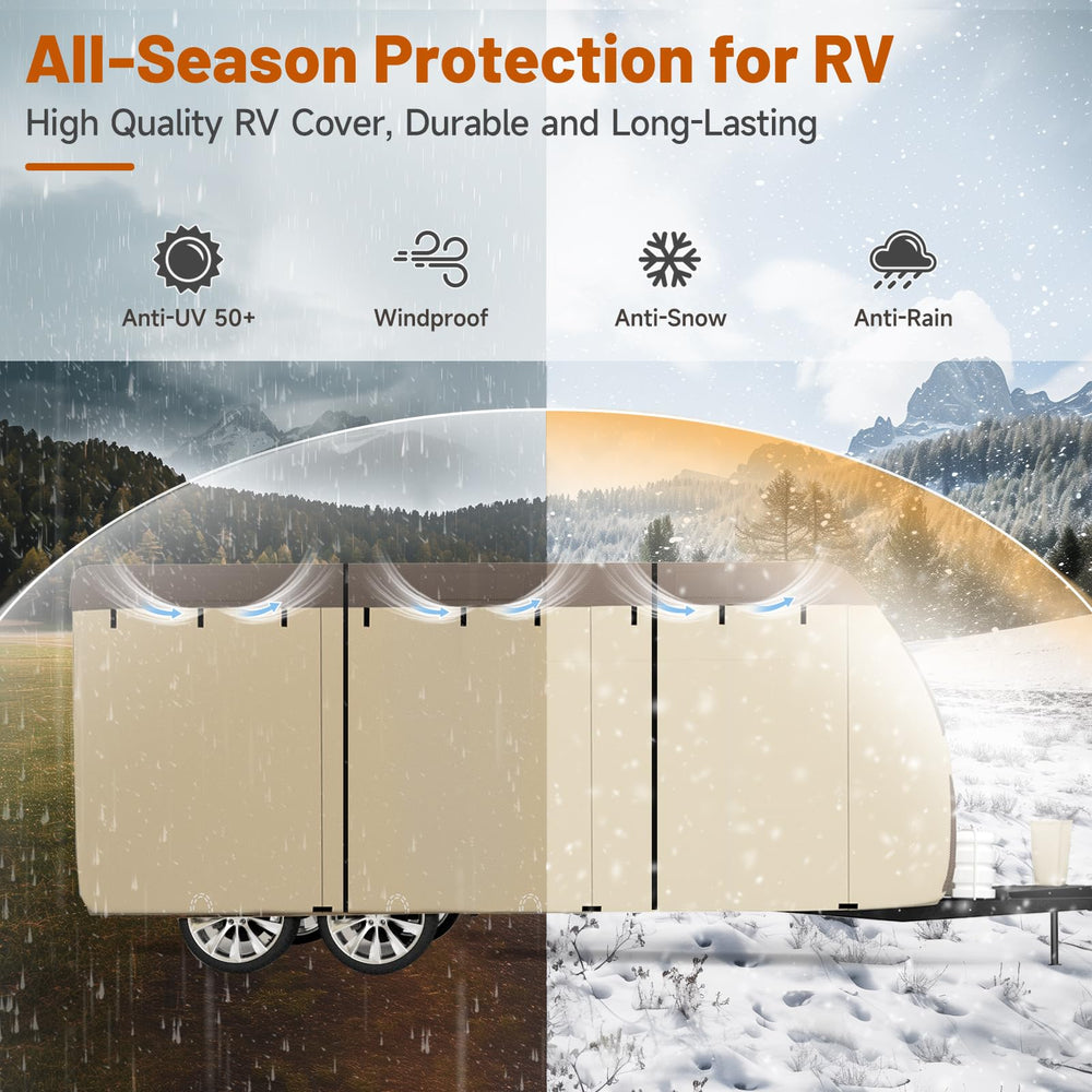 Umbrauto covered travel trailer in snow demonstrating waterproof winter protection