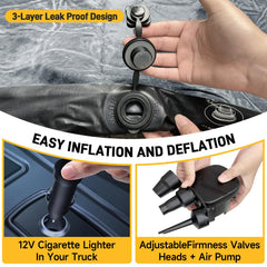 Umbrauto inflated in truck bed illustrating full coverage and stable sleeping platform