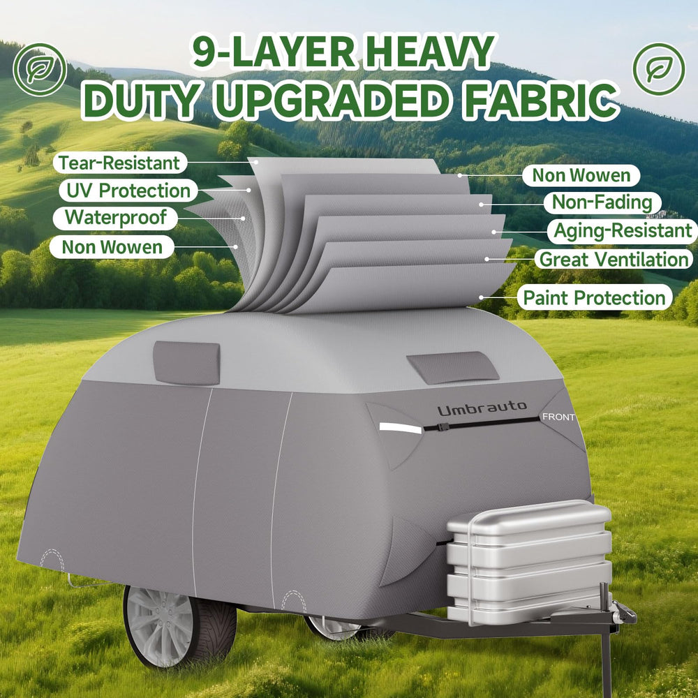 Umbrauto covered teardrop trailer stored outdoors keeping it protected