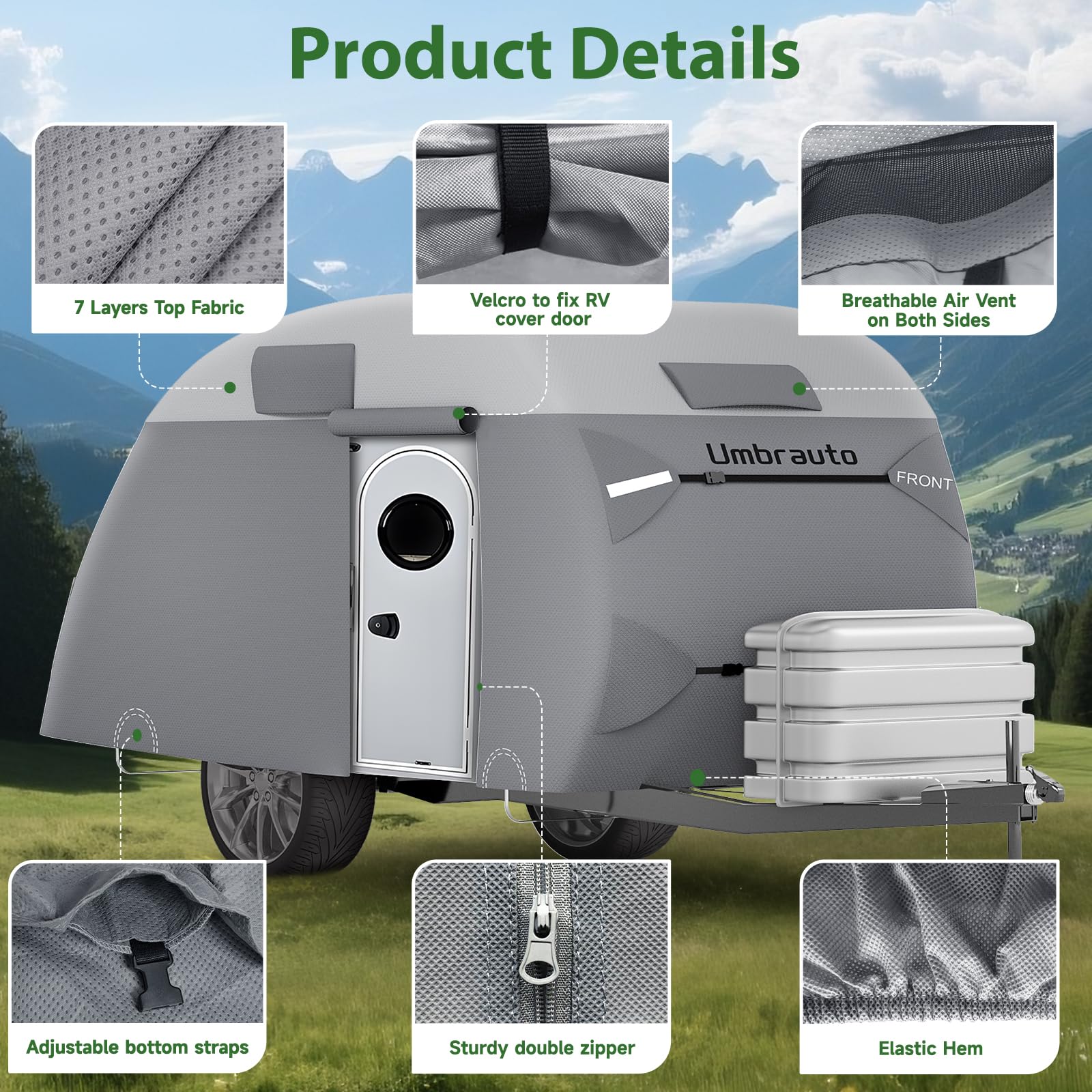 Umbrauto cover beside measuring tape showing fit for 10-12 ft trailers