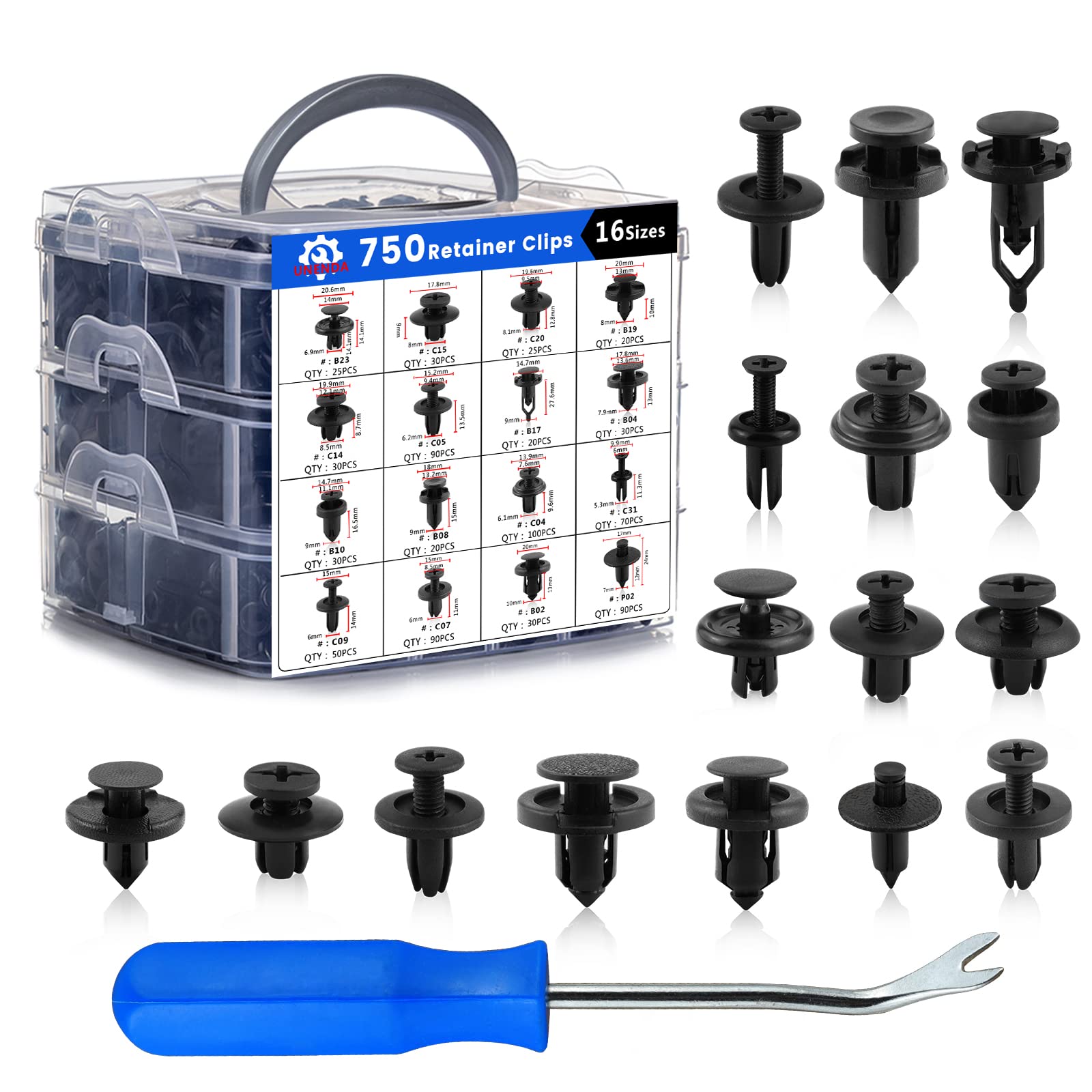 UNENDA front packaging showing full 750-piece clip kit and container benefits